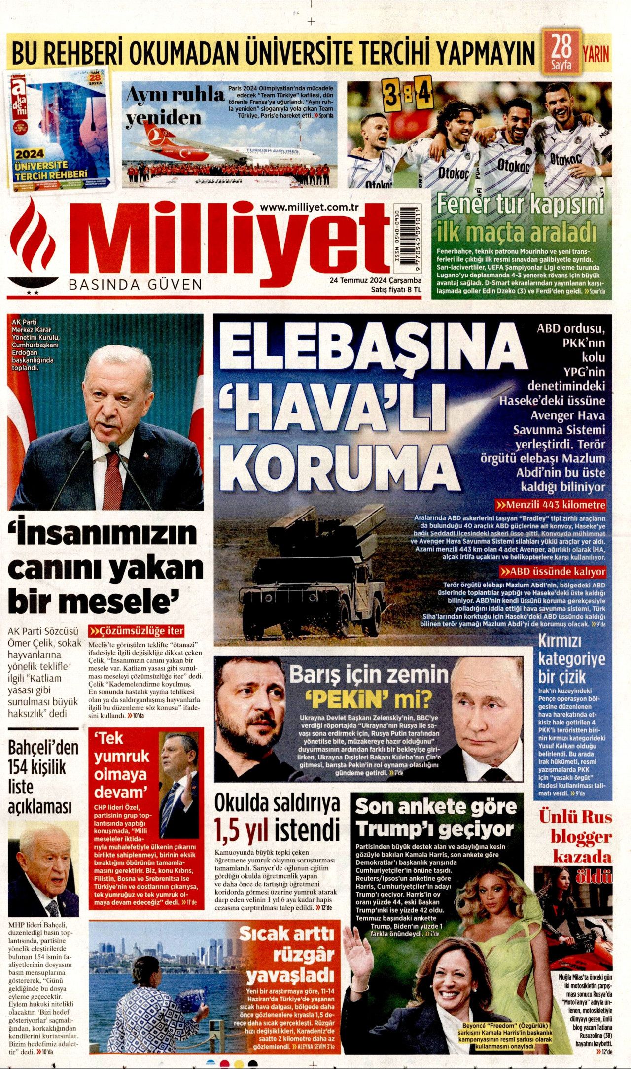 MİLLİYET gazetesinin 24 Temmuz 2024 tarihli birinci sayfası