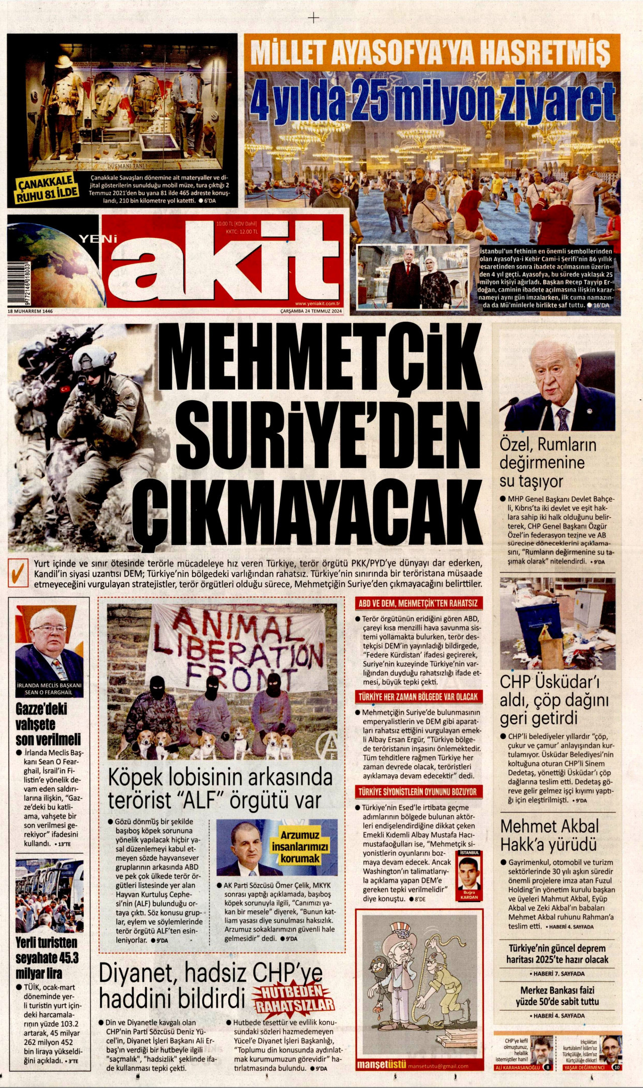 YENİ AKİT gazetesinin 24 Temmuz 2024 tarihli birinci sayfası