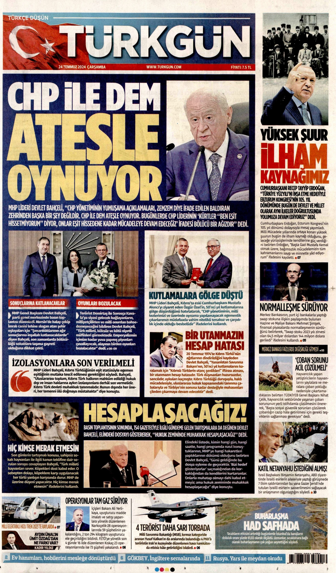 TÜRKGÜN gazetesinin 24 Temmuz 2024 tarihli birinci sayfası