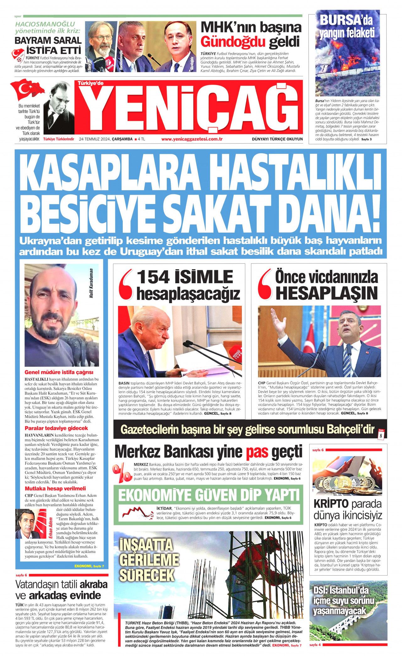 YENİÇAĞ gazetesinin 24 Temmuz 2024 tarihli birinci sayfası
