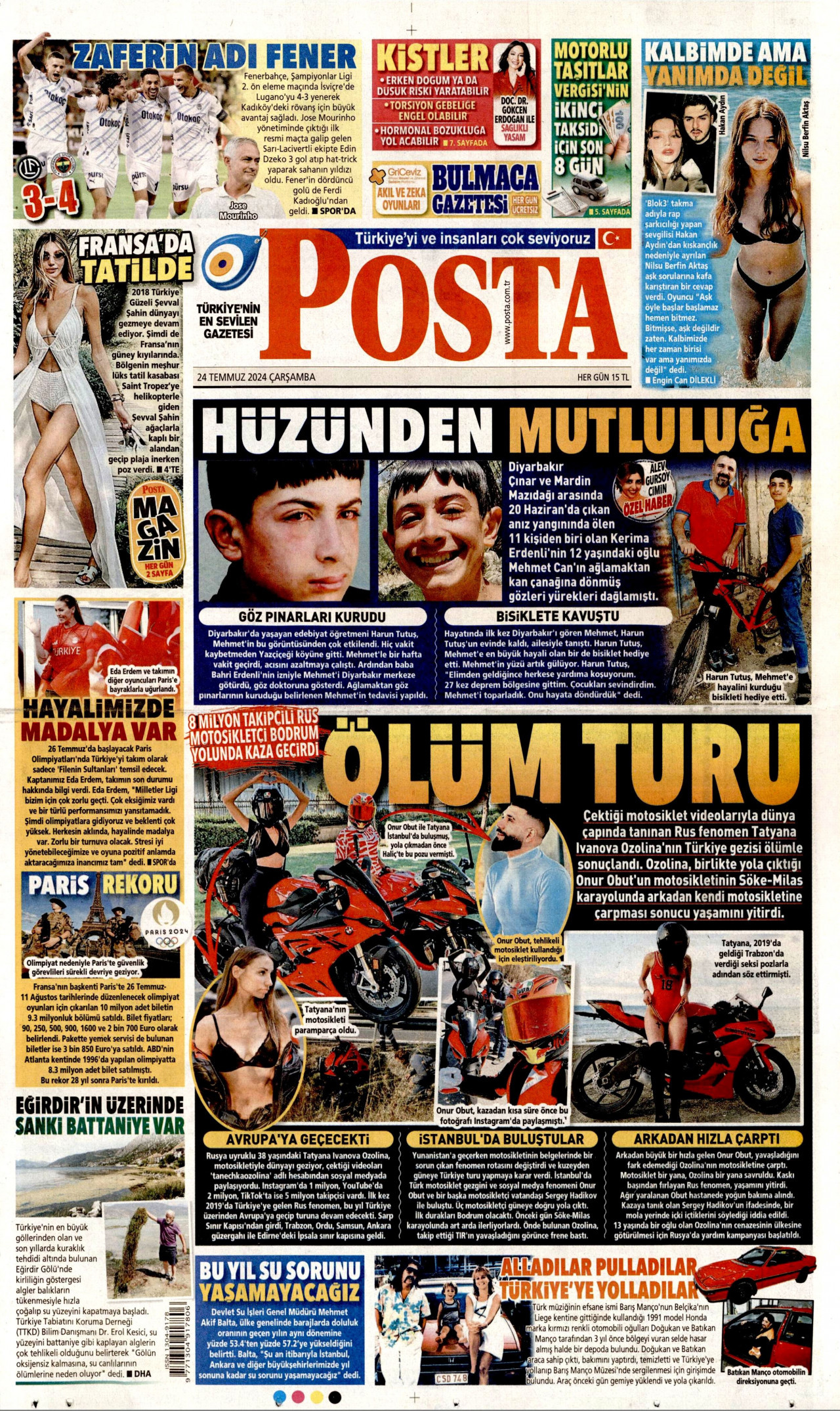 POSTA gazetesinin 24 Temmuz 2024 tarihli birinci sayfası