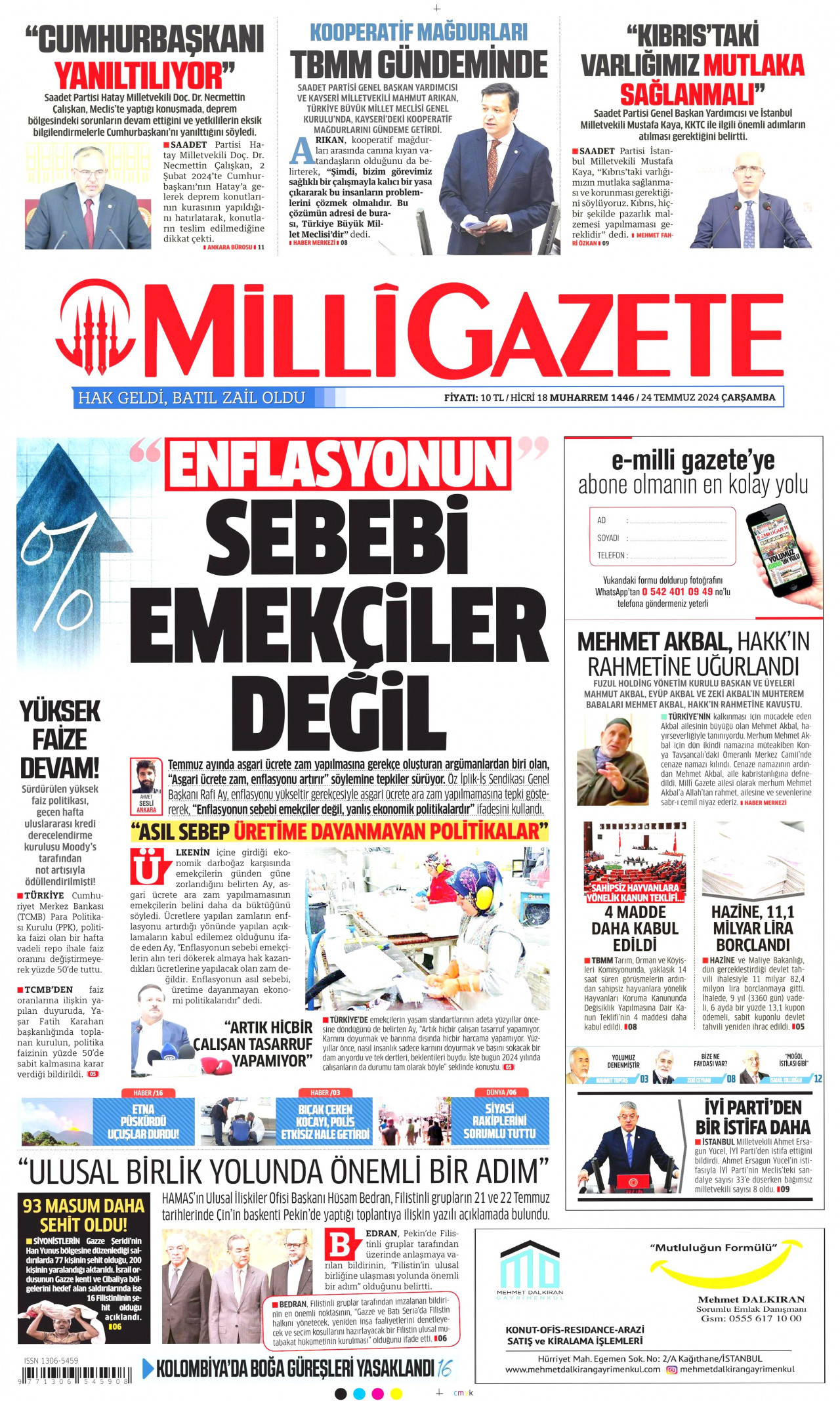 MİLLİ GAZETE gazetesinin 24 Temmuz 2024 tarihli birinci sayfası