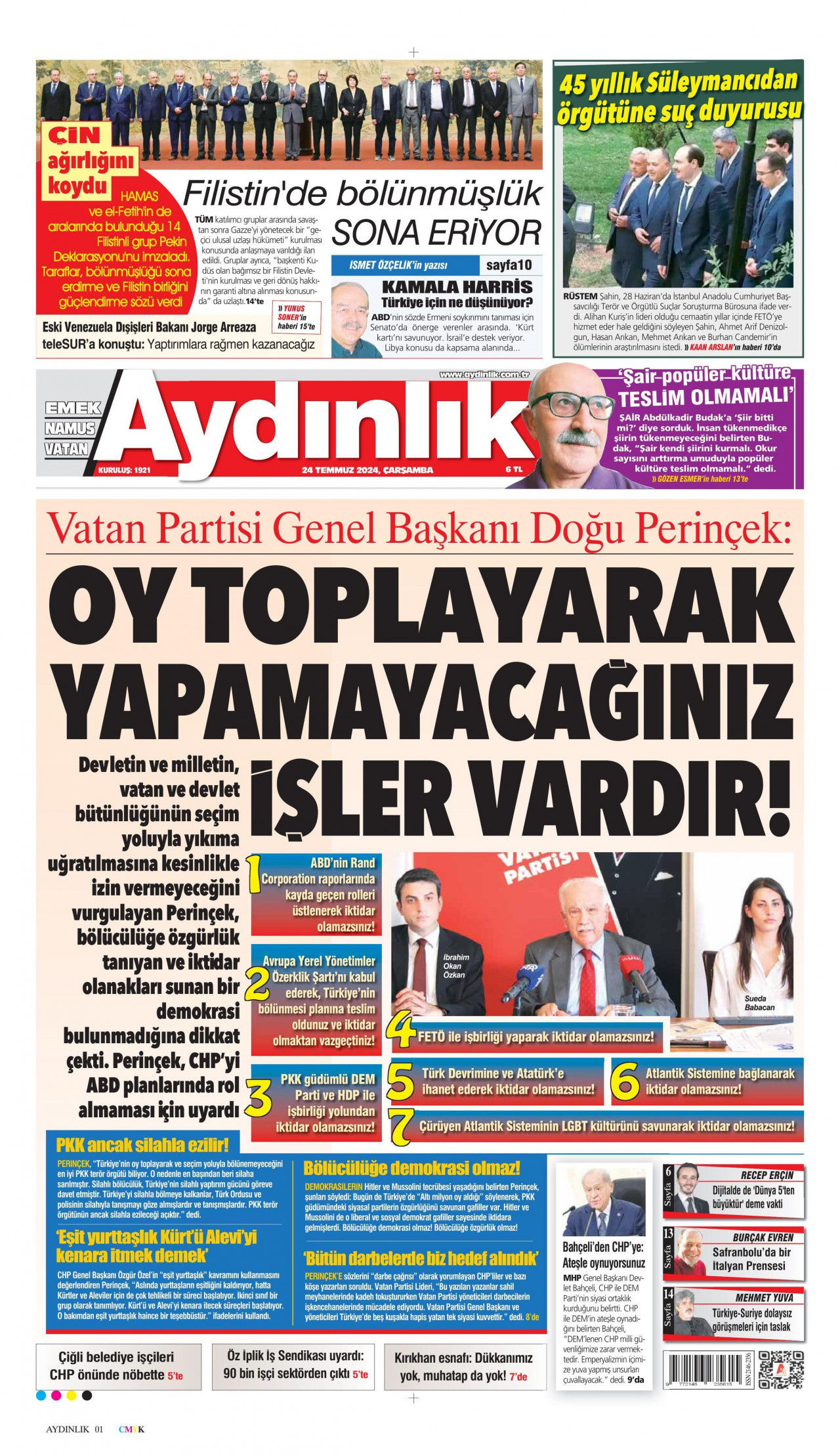 AYDINLIK GAZETESİ gazetesinin 24 Temmuz 2024 tarihli birinci sayfası