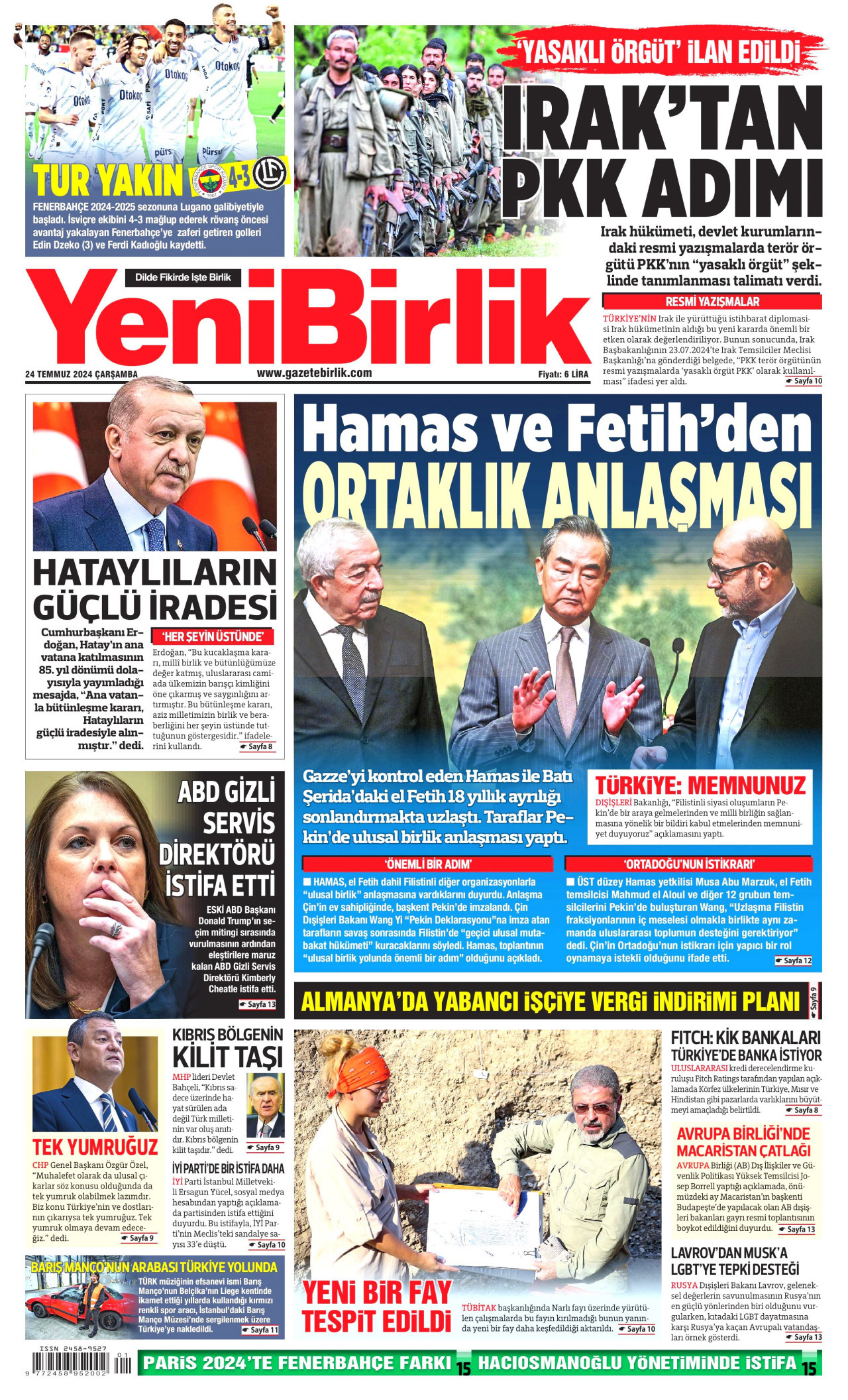YENİBİRLİK gazetesinin 24 Temmuz 2024 tarihli birinci sayfası