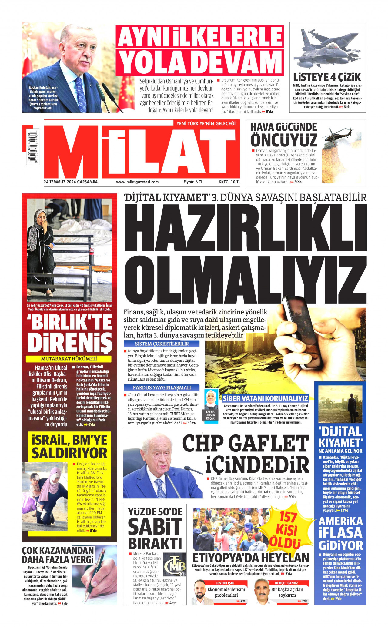 MİLAT gazetesinin 24 Temmuz 2024 tarihli birinci sayfası