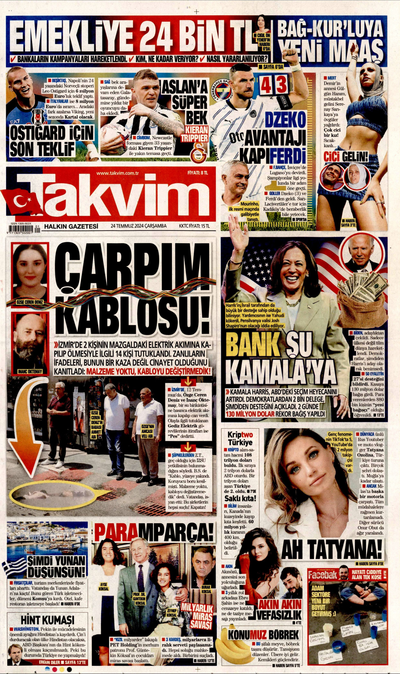 TAKVİM gazetesinin 24 Temmuz 2024 tarihli birinci sayfası