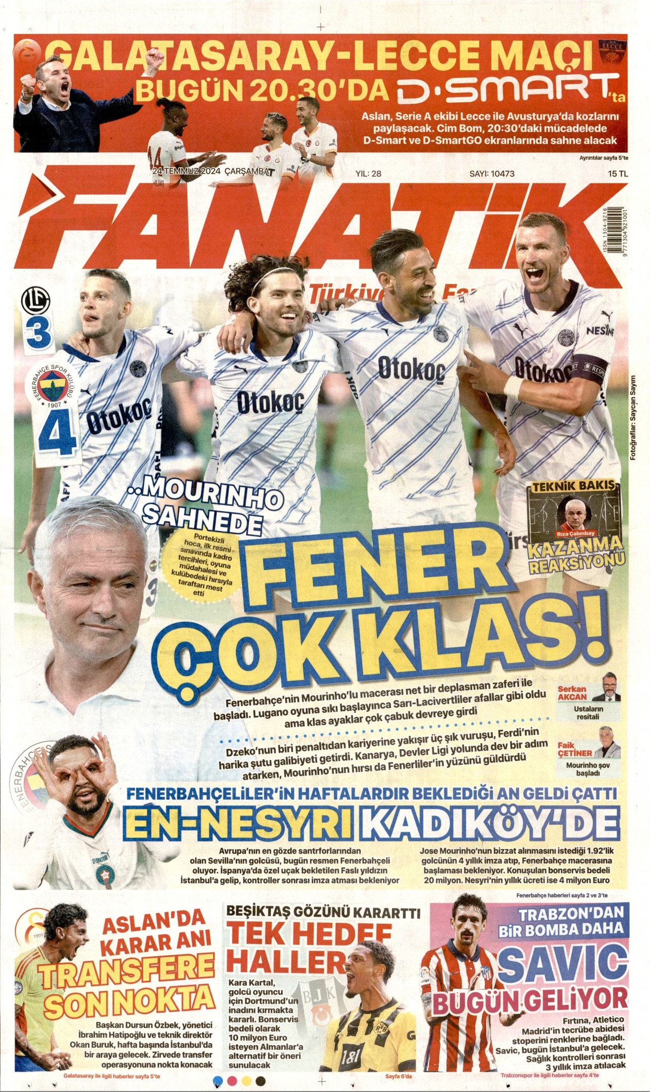 FANATİK gazetesinin 24 Temmuz 2024 tarihli birinci sayfası