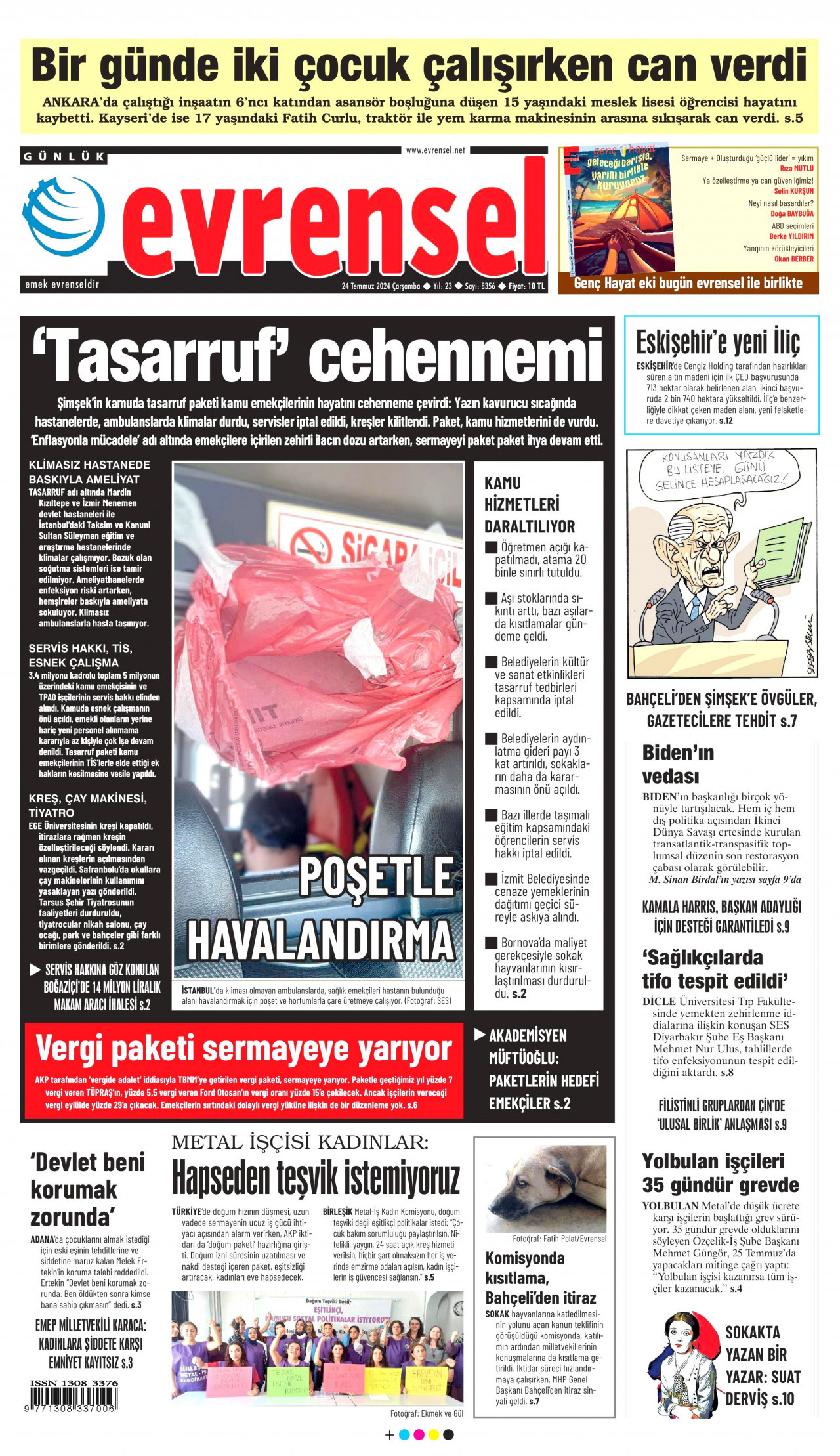 EVRENSEL gazetesinin 24 Temmuz 2024 tarihli birinci sayfası