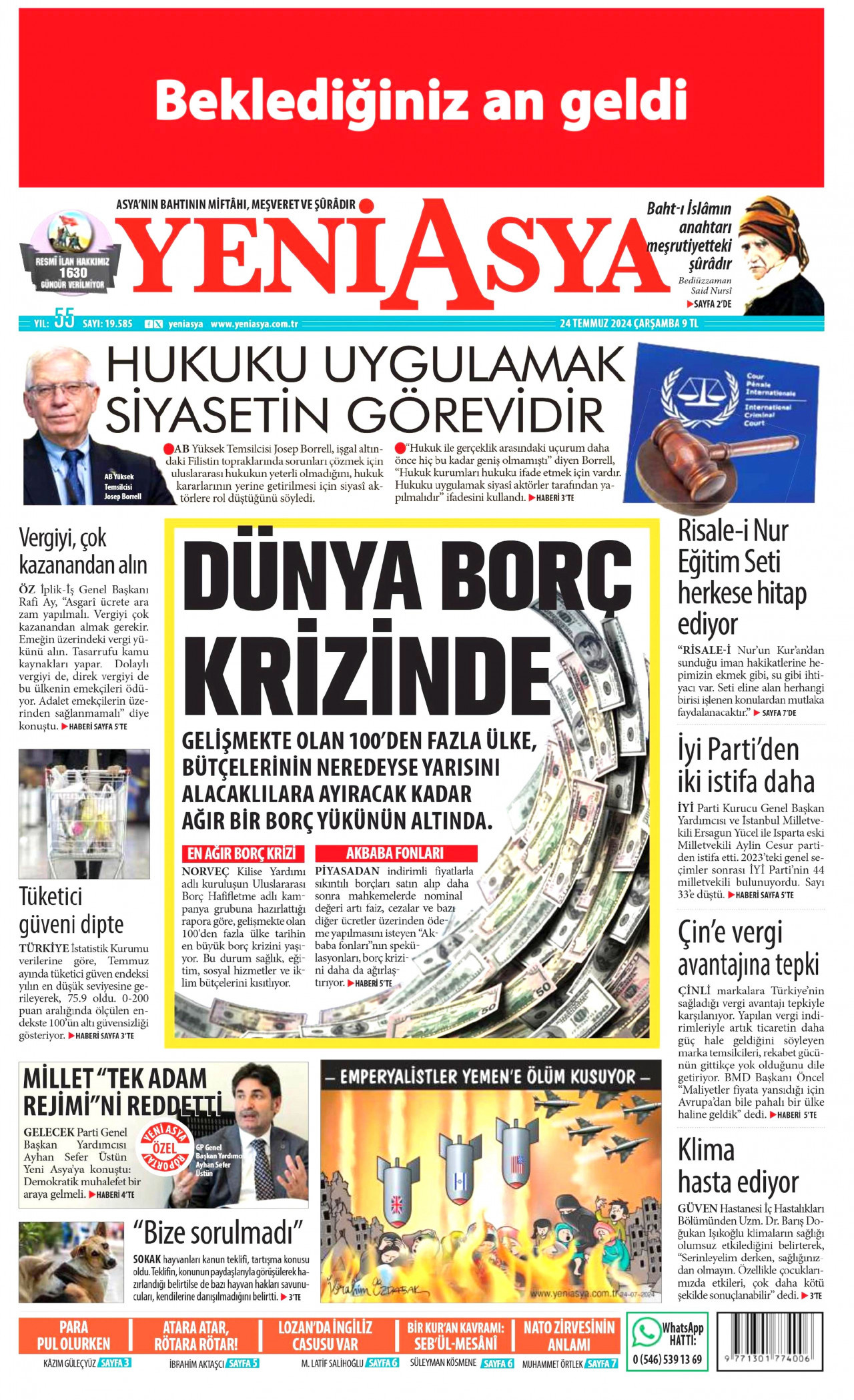 YENİ ASYA gazetesinin 24 Temmuz 2024 tarihli birinci sayfası
