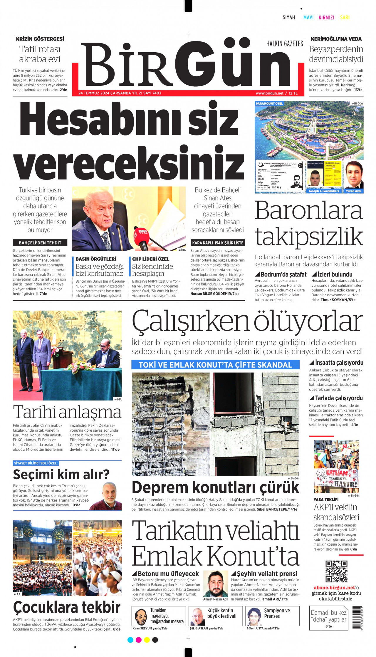 BİRGÜN gazetesinin 24 Temmuz 2024 tarihli birinci sayfası