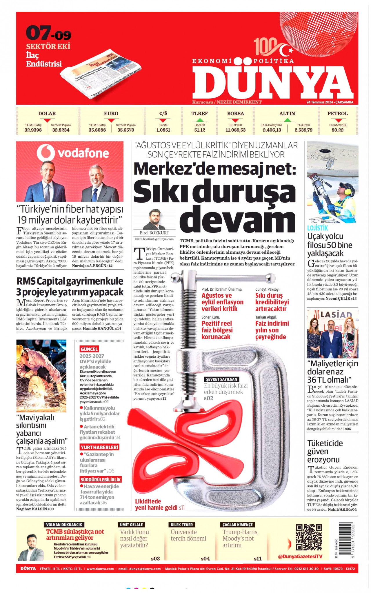 DÜNYA gazetesinin 24 Temmuz 2024 tarihli birinci sayfası