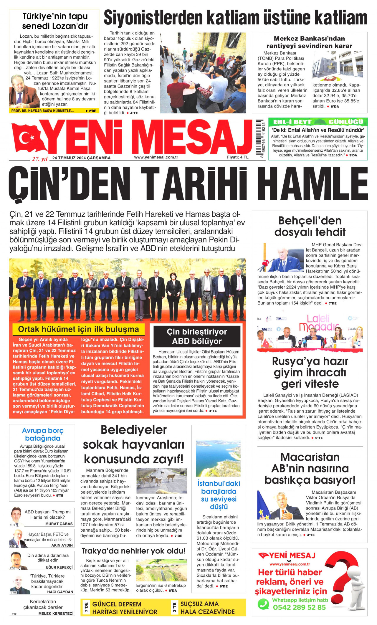YENİ MESAJ gazetesinin 24 Temmuz 2024 tarihli birinci sayfası