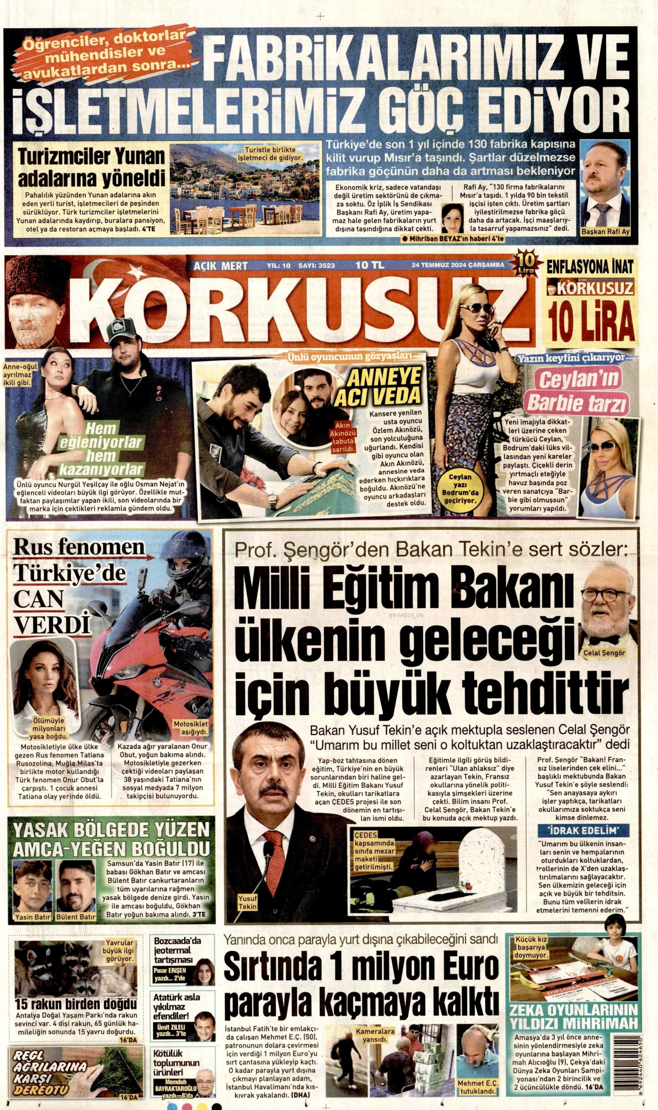 KORKUSUZ gazetesinin 24 Temmuz 2024 tarihli birinci sayfası