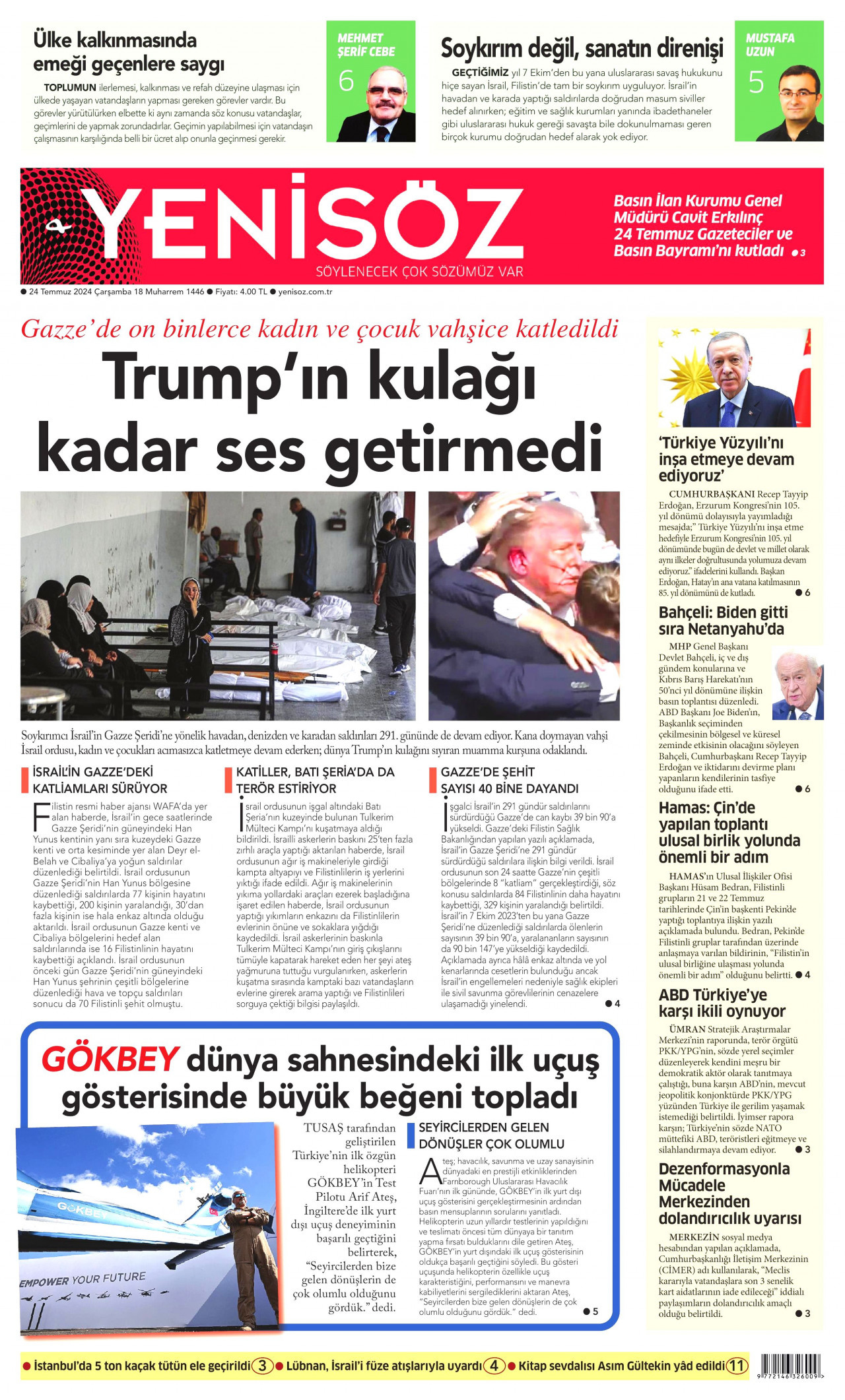 YENİ SÖZ GAZETESİ gazetesinin 24 Temmuz 2024 tarihli birinci sayfası