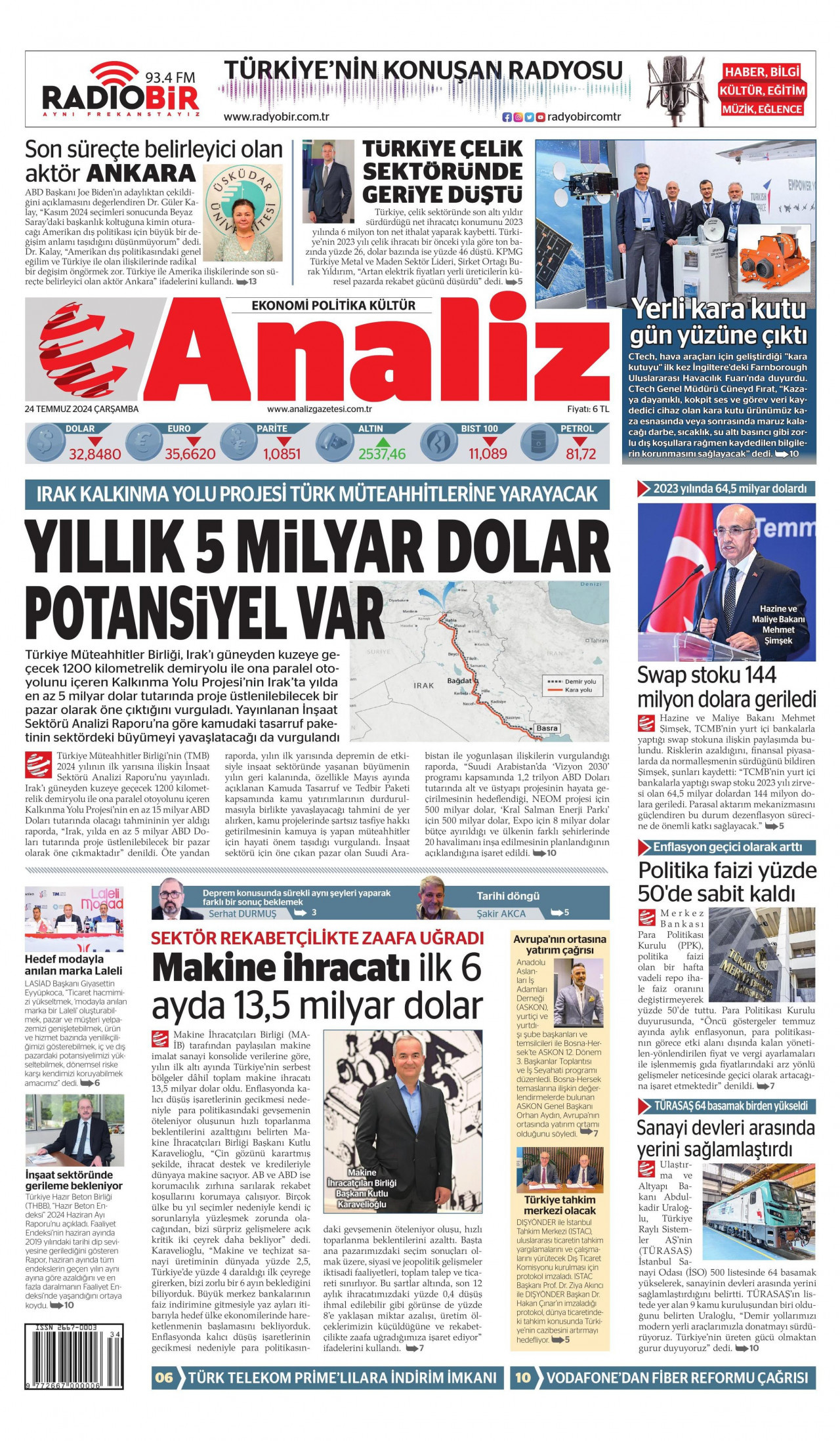 ANALİZ gazetesinin 24 Temmuz 2024 tarihli birinci sayfası