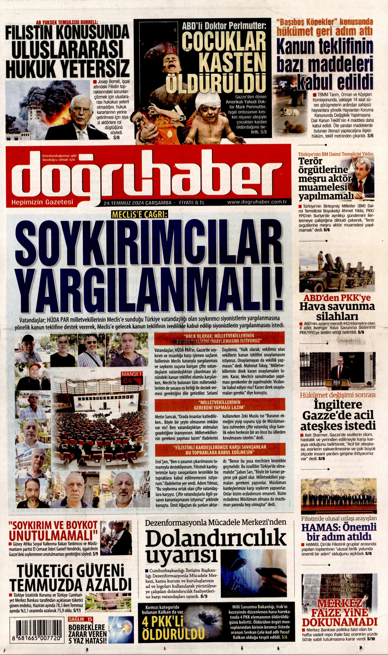 DOĞRU HABER gazetesinin 24 Temmuz 2024 tarihli birinci sayfası