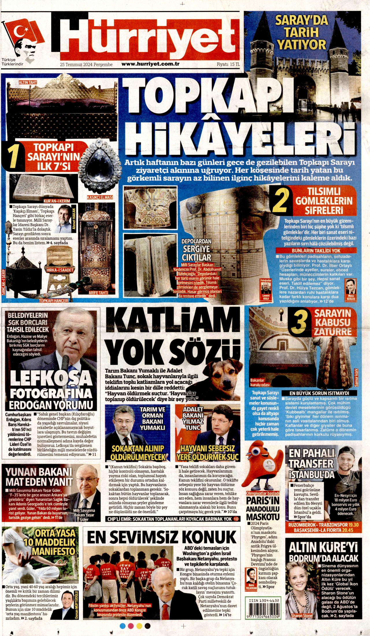 HÜRRİYET gazetesinin 25 Temmuz 2024 tarihli birinci sayfası