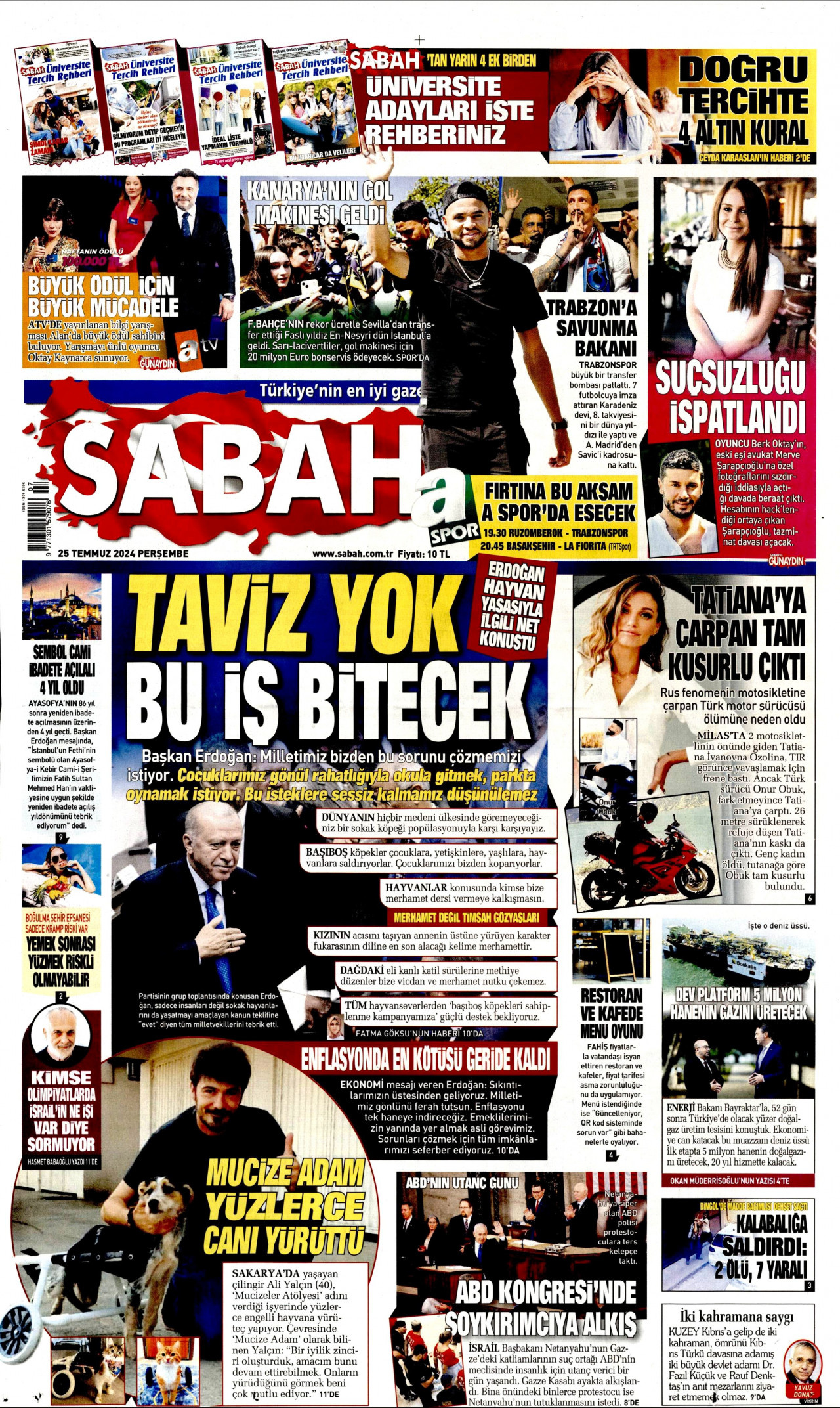 SABAH gazetesinin 25 Temmuz 2024 tarihli birinci sayfası