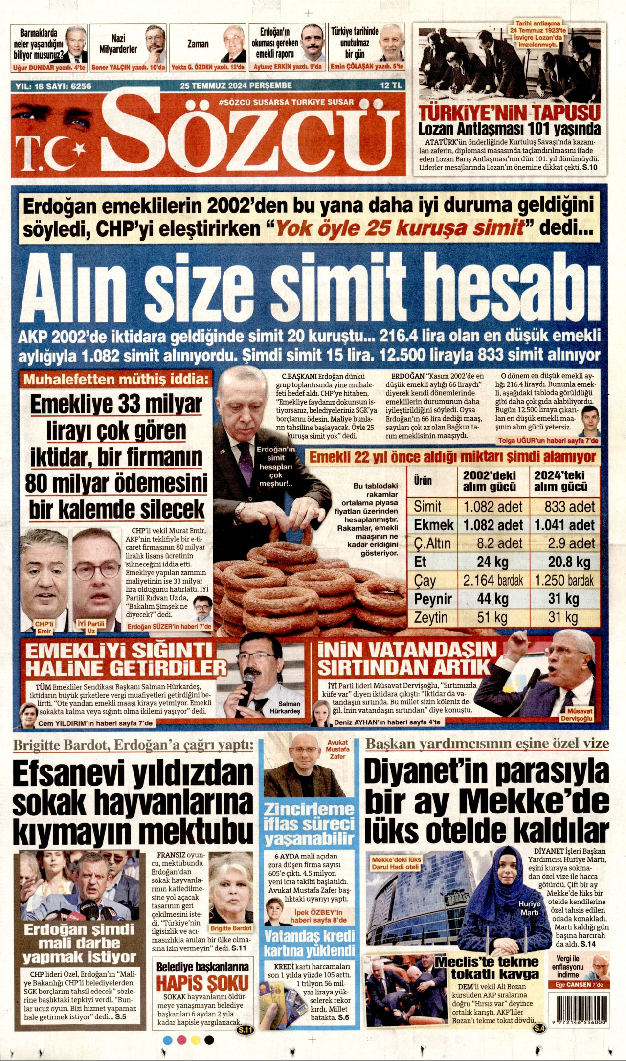 SÖZCÜ gazetesinin 25 Temmuz 2024 tarihli birinci sayfası