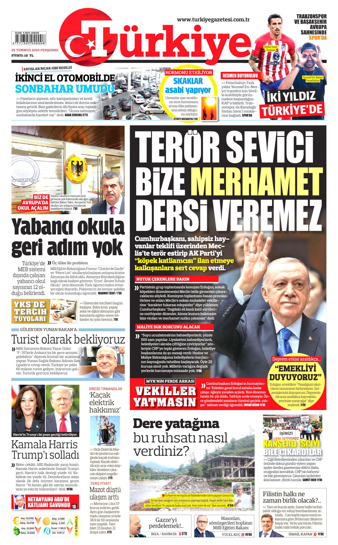 TÜRKİYE GAZETESİ gazetesinin 25 Temmuz 2024 tarihli birinci sayfası