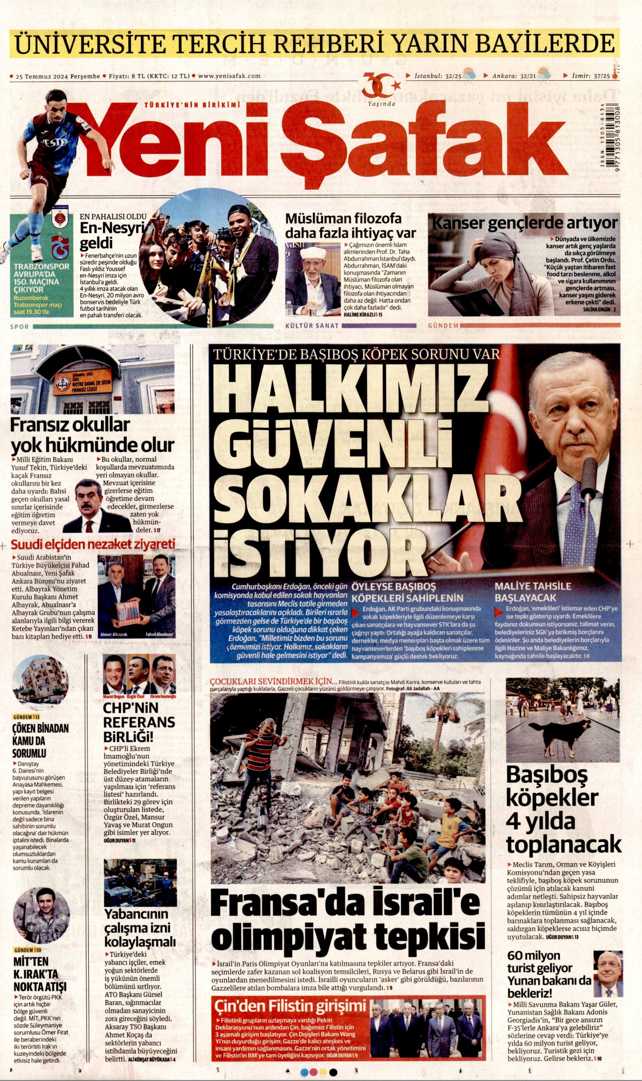 YENİ ŞAFAK gazetesinin 25 Temmuz 2024 tarihli birinci sayfası