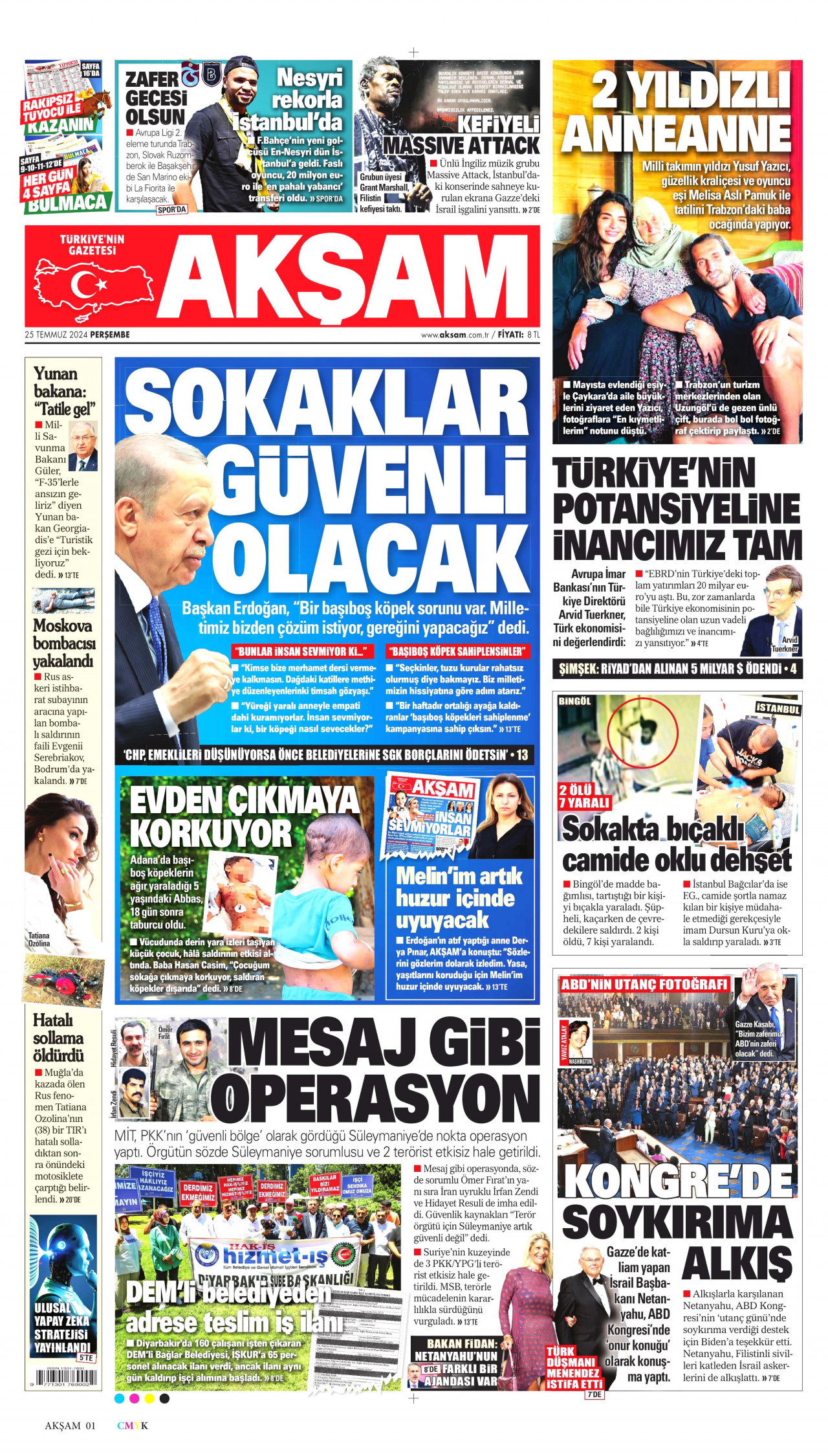 AKŞAM gazetesinin 25 Temmuz 2024 tarihli birinci sayfası
