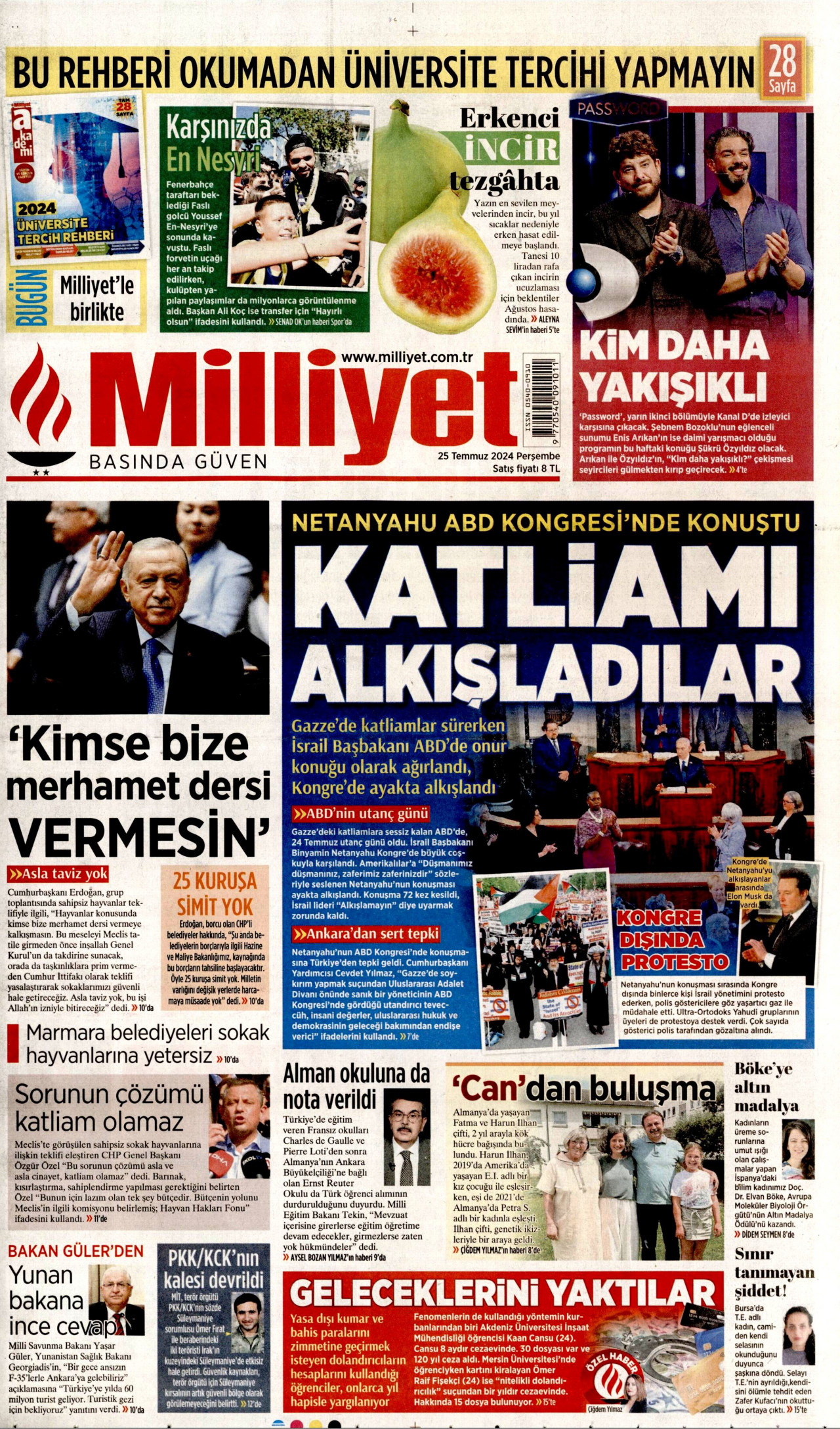 MİLLİYET gazetesinin 25 Temmuz 2024 tarihli birinci sayfası