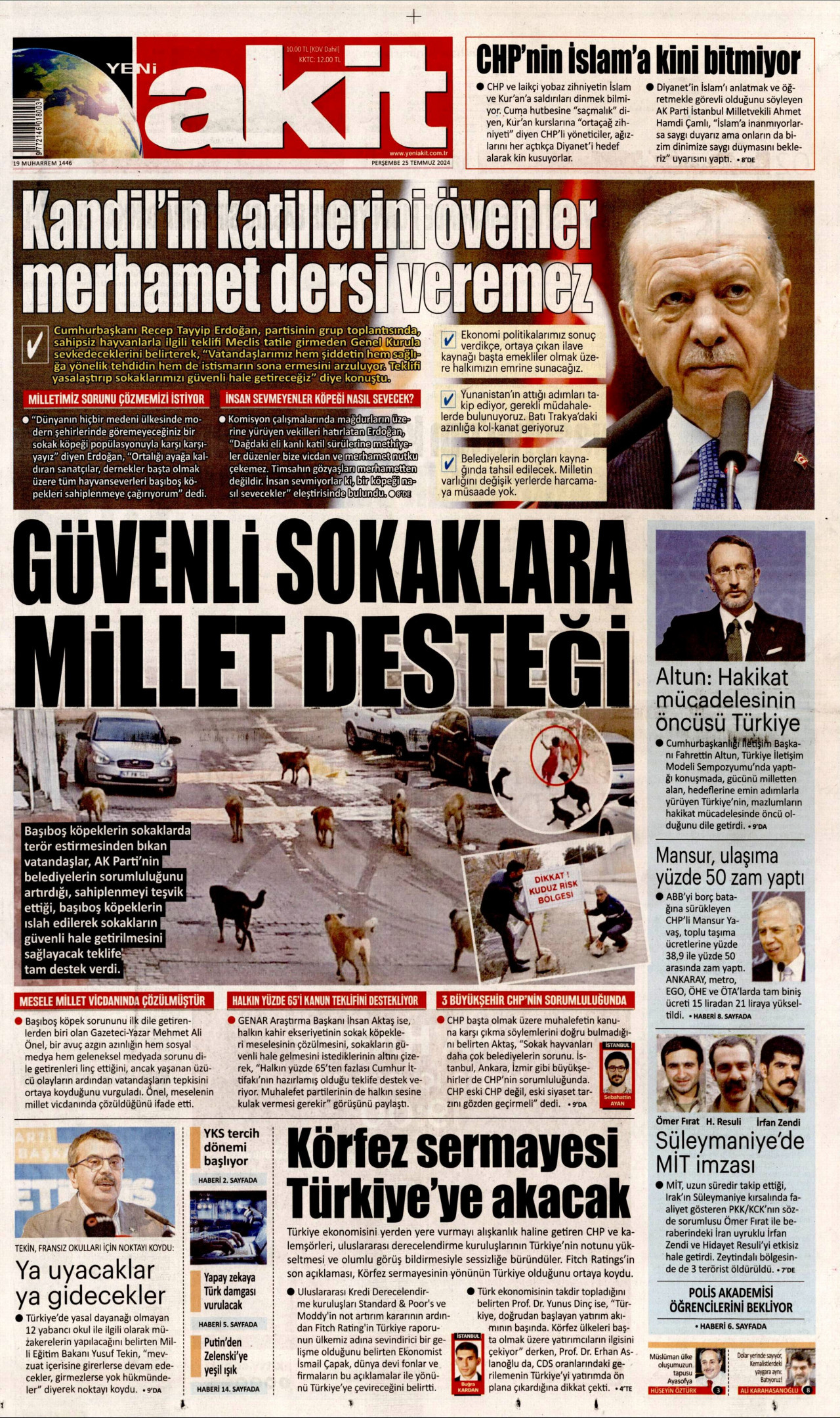 YENİ AKİT gazetesinin 25 Temmuz 2024 tarihli birinci sayfası