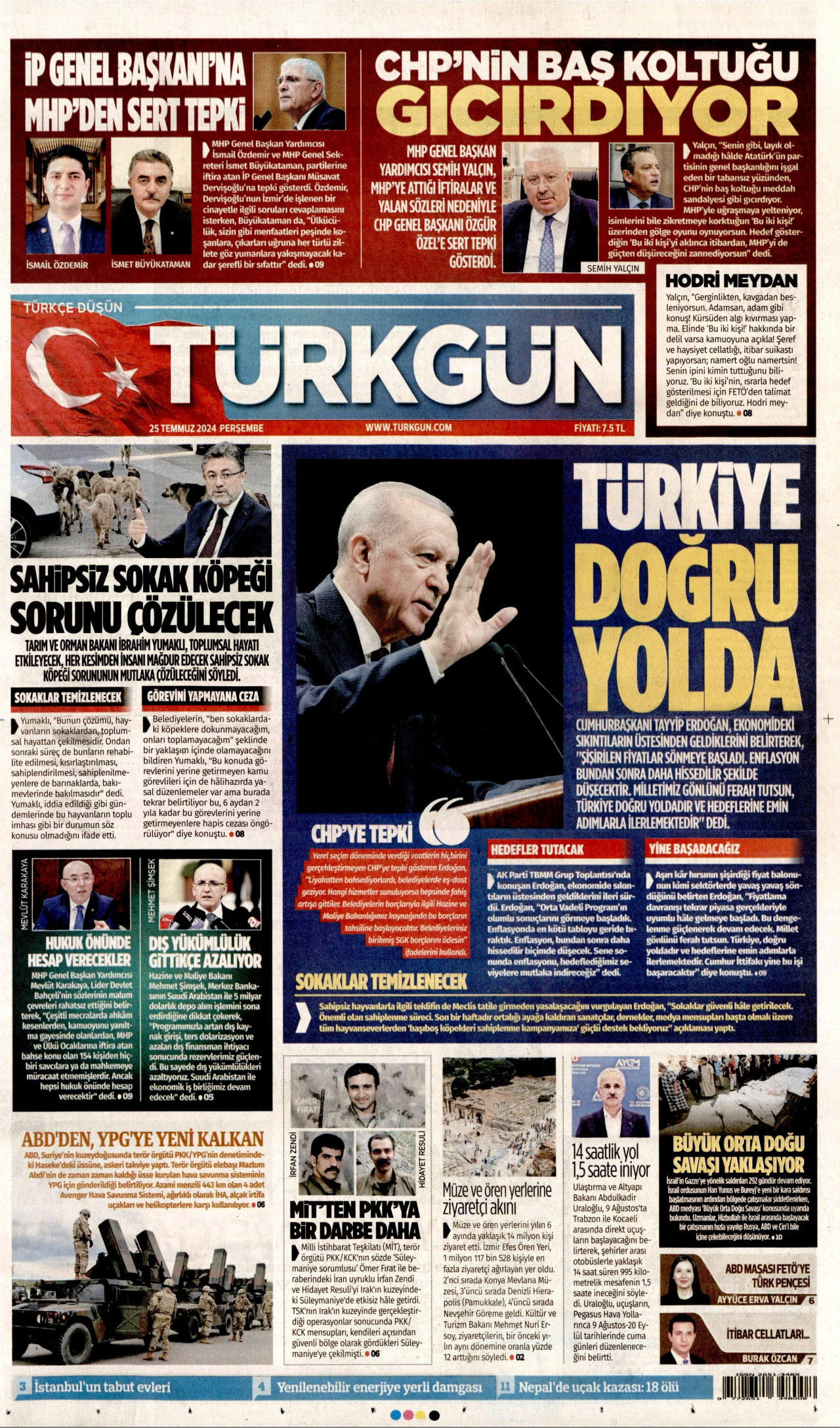 TÜRKGÜN gazetesinin 25 Temmuz 2024 tarihli birinci sayfası