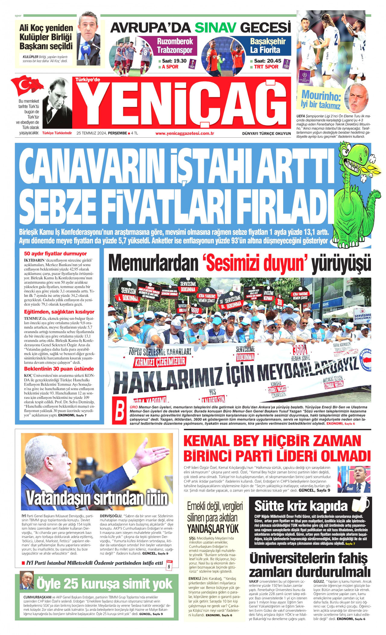 YENİÇAĞ gazetesinin 25 Temmuz 2024 tarihli birinci sayfası