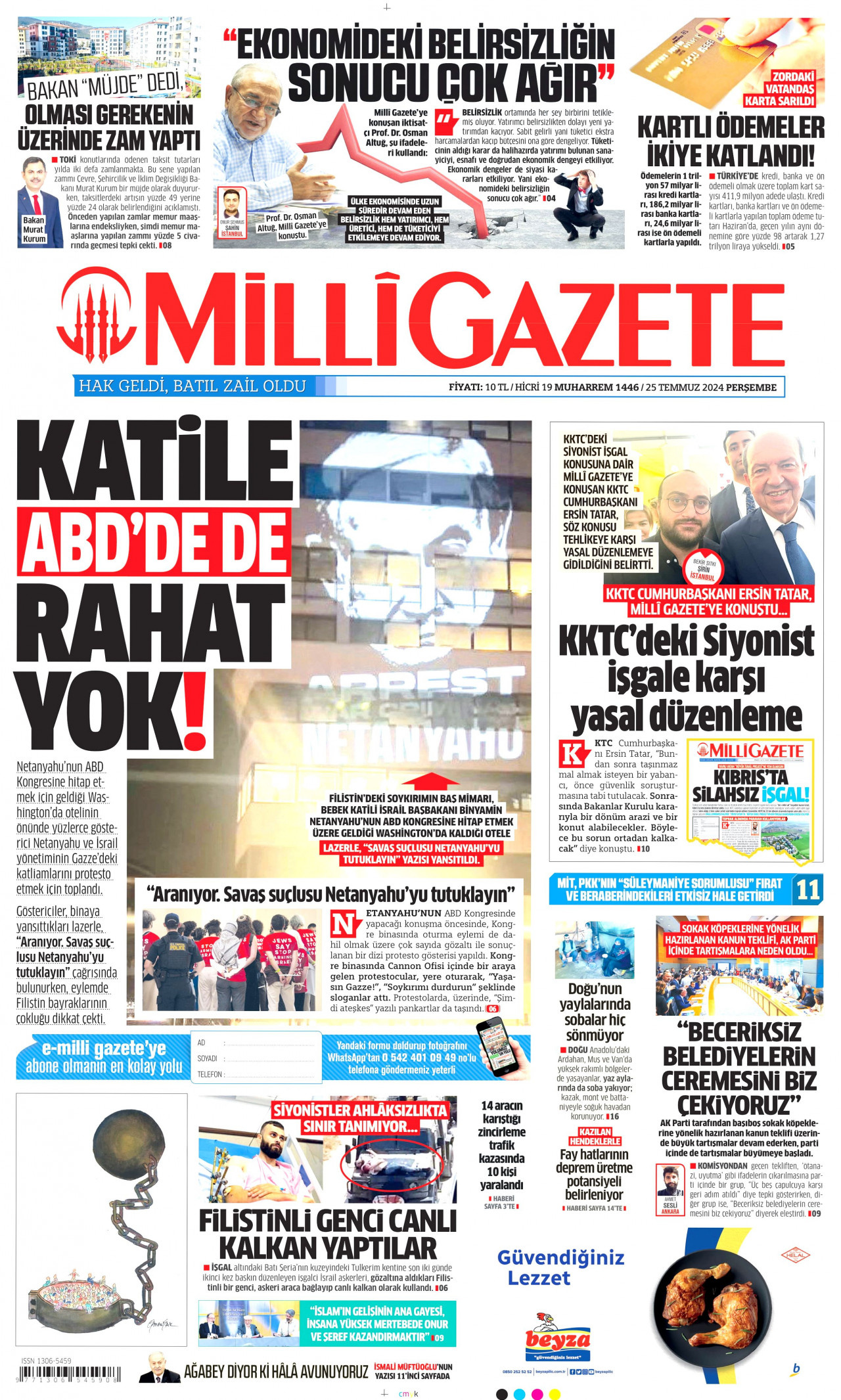 MİLLİ GAZETE gazetesinin 25 Temmuz 2024 tarihli birinci sayfası