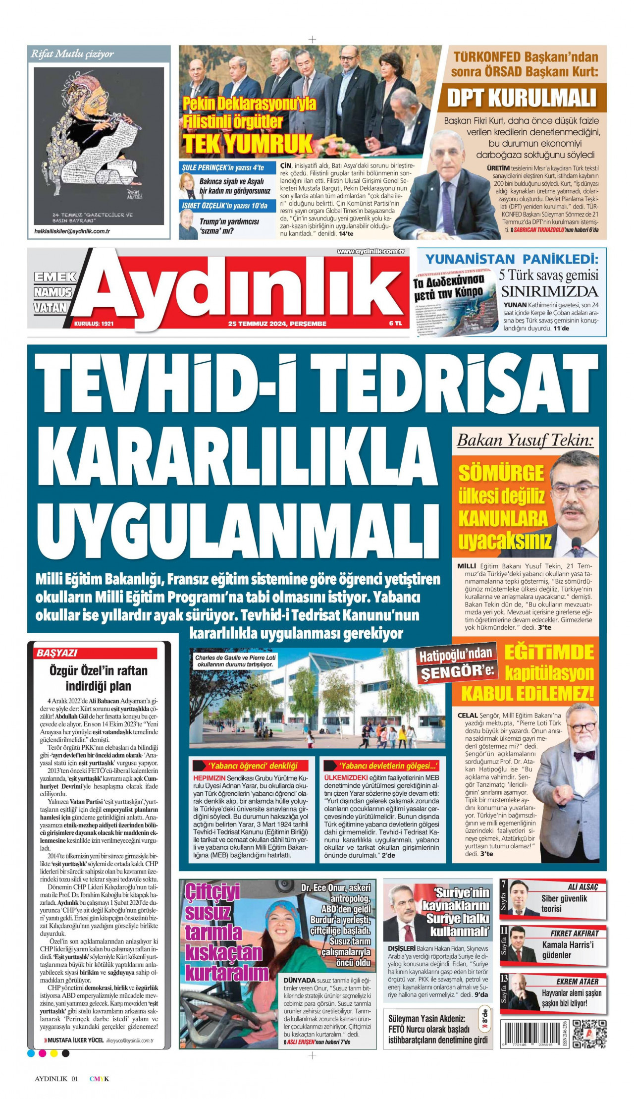 AYDINLIK GAZETESİ gazetesinin 25 Temmuz 2024 tarihli birinci sayfası