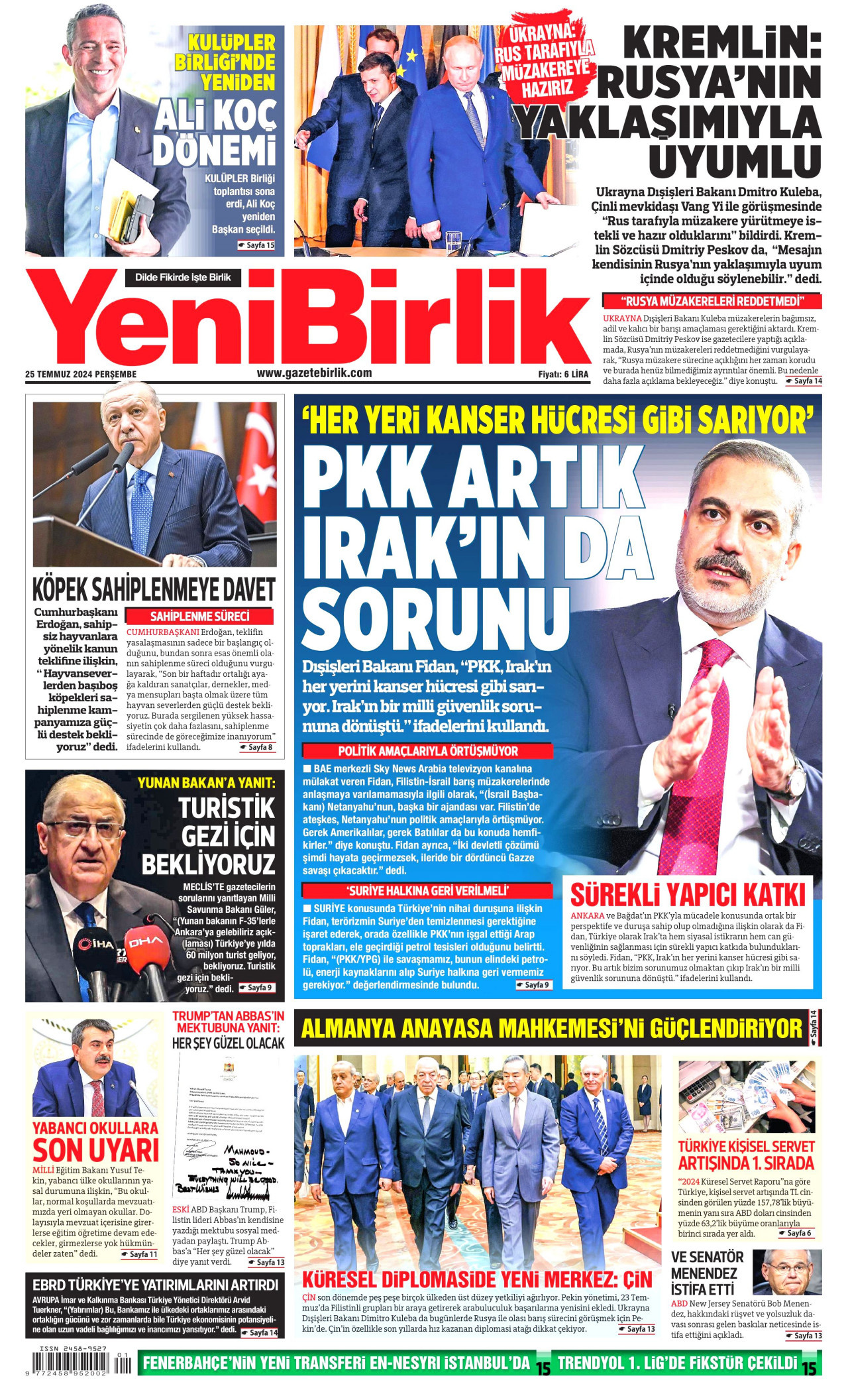 YENİBİRLİK gazetesinin 25 Temmuz 2024 tarihli birinci sayfası