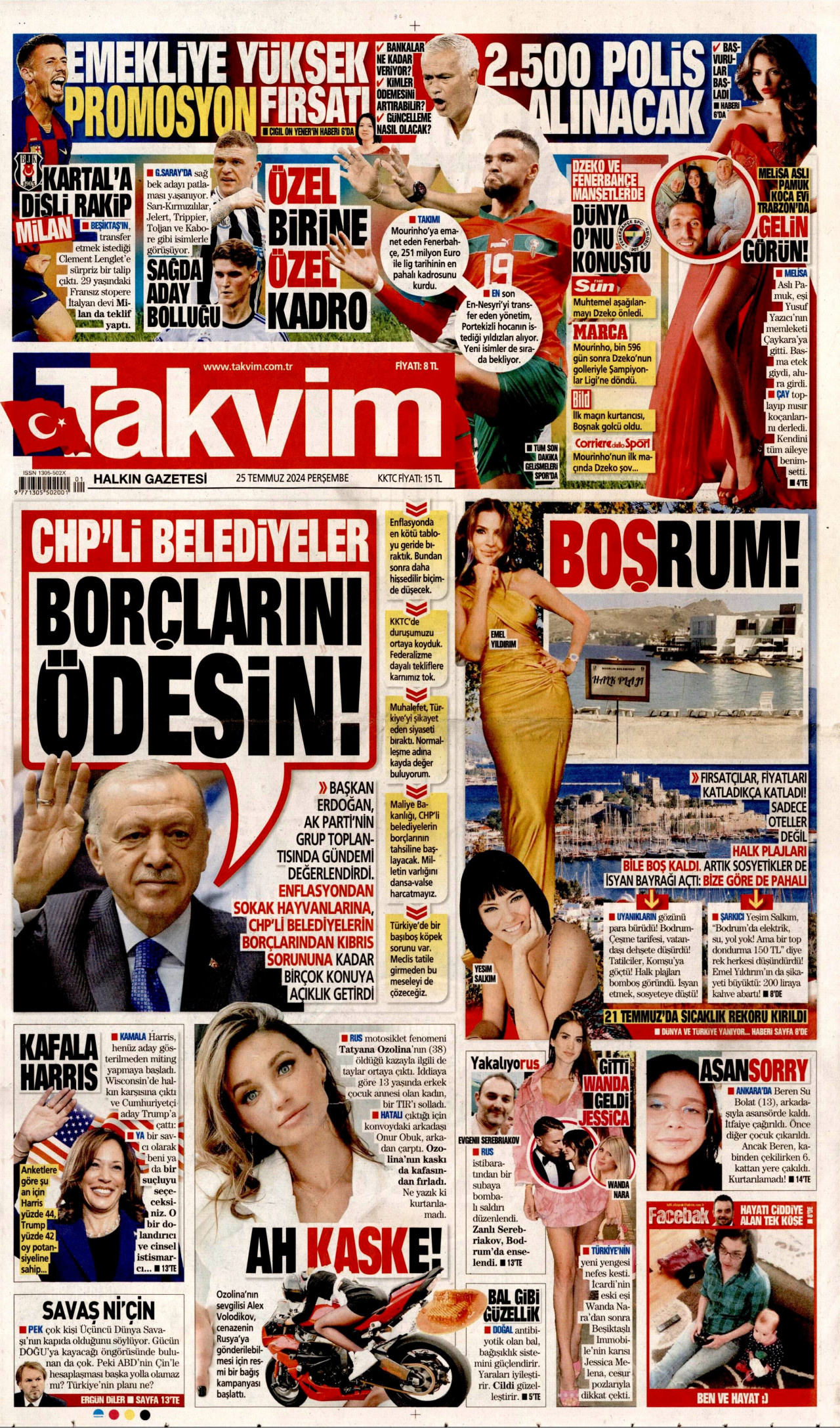 TAKVİM gazetesinin 25 Temmuz 2024 tarihli birinci sayfası