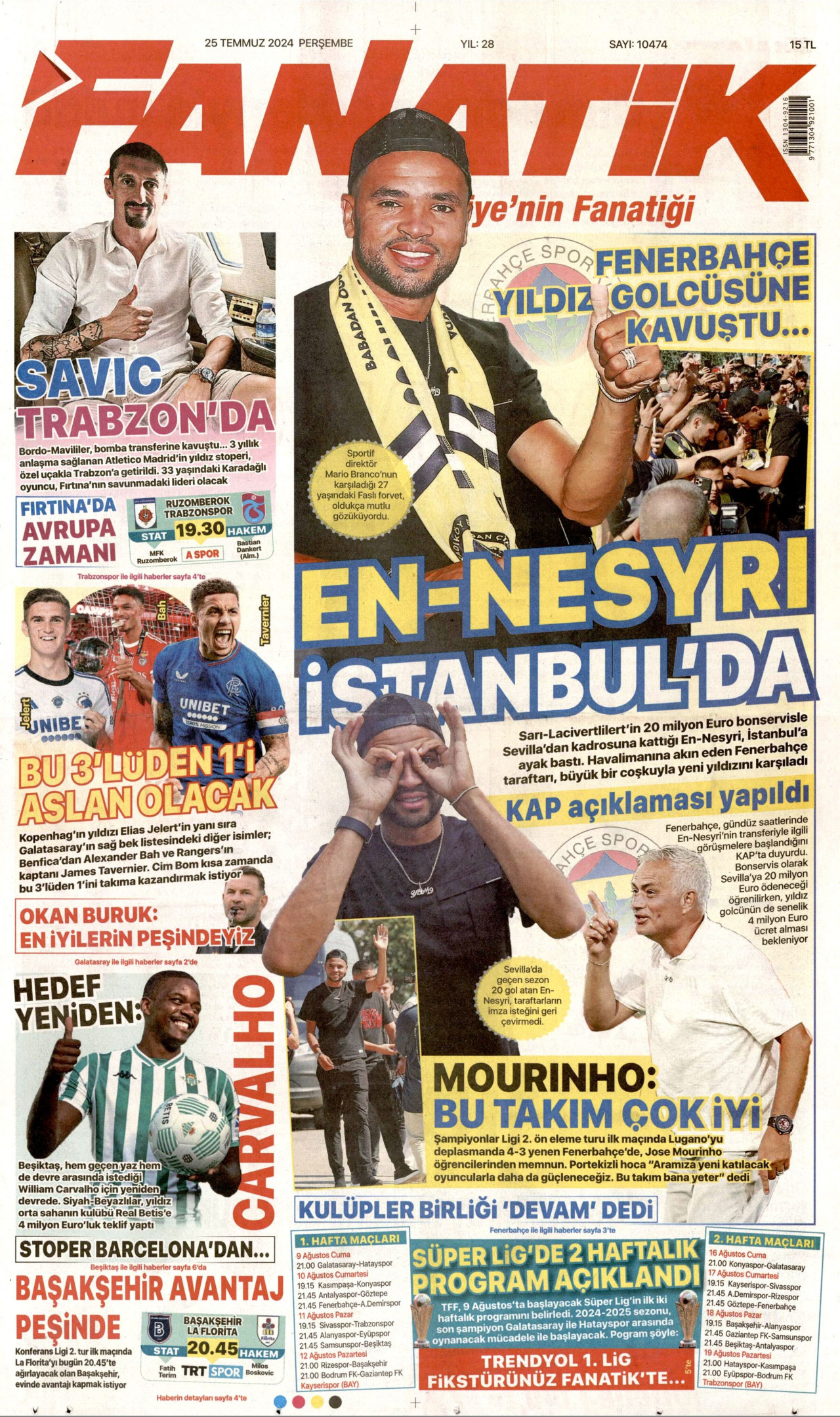 FANATİK gazetesinin 25 Temmuz 2024 tarihli birinci sayfası