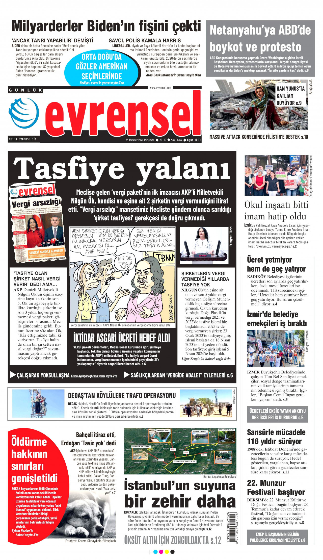EVRENSEL gazetesinin 25 Temmuz 2024 tarihli birinci sayfası