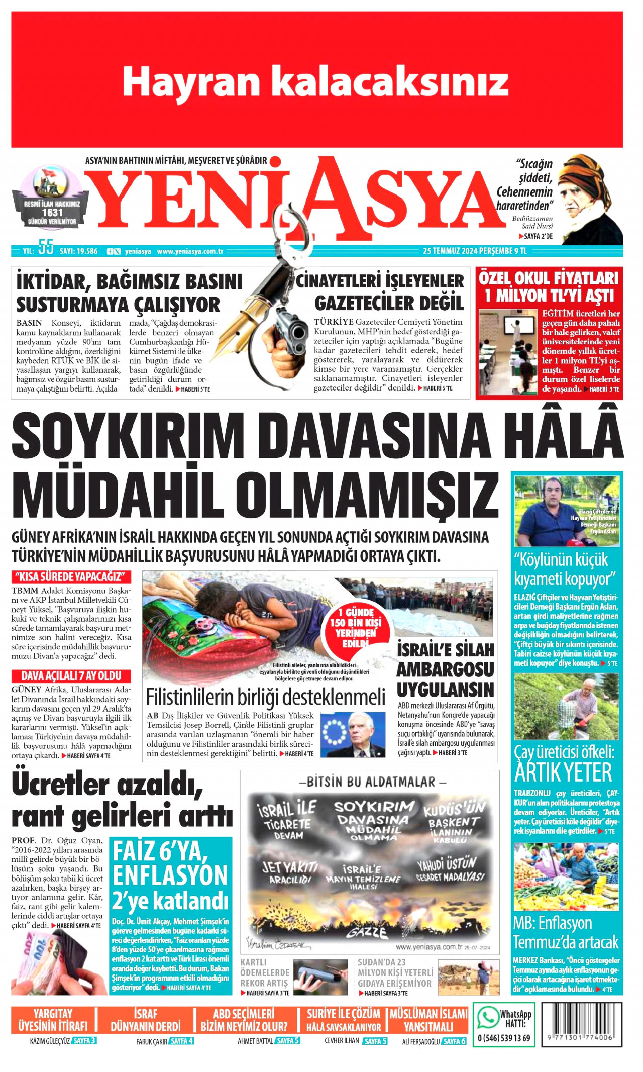YENİ ASYA gazetesinin 25 Temmuz 2024 tarihli birinci sayfası