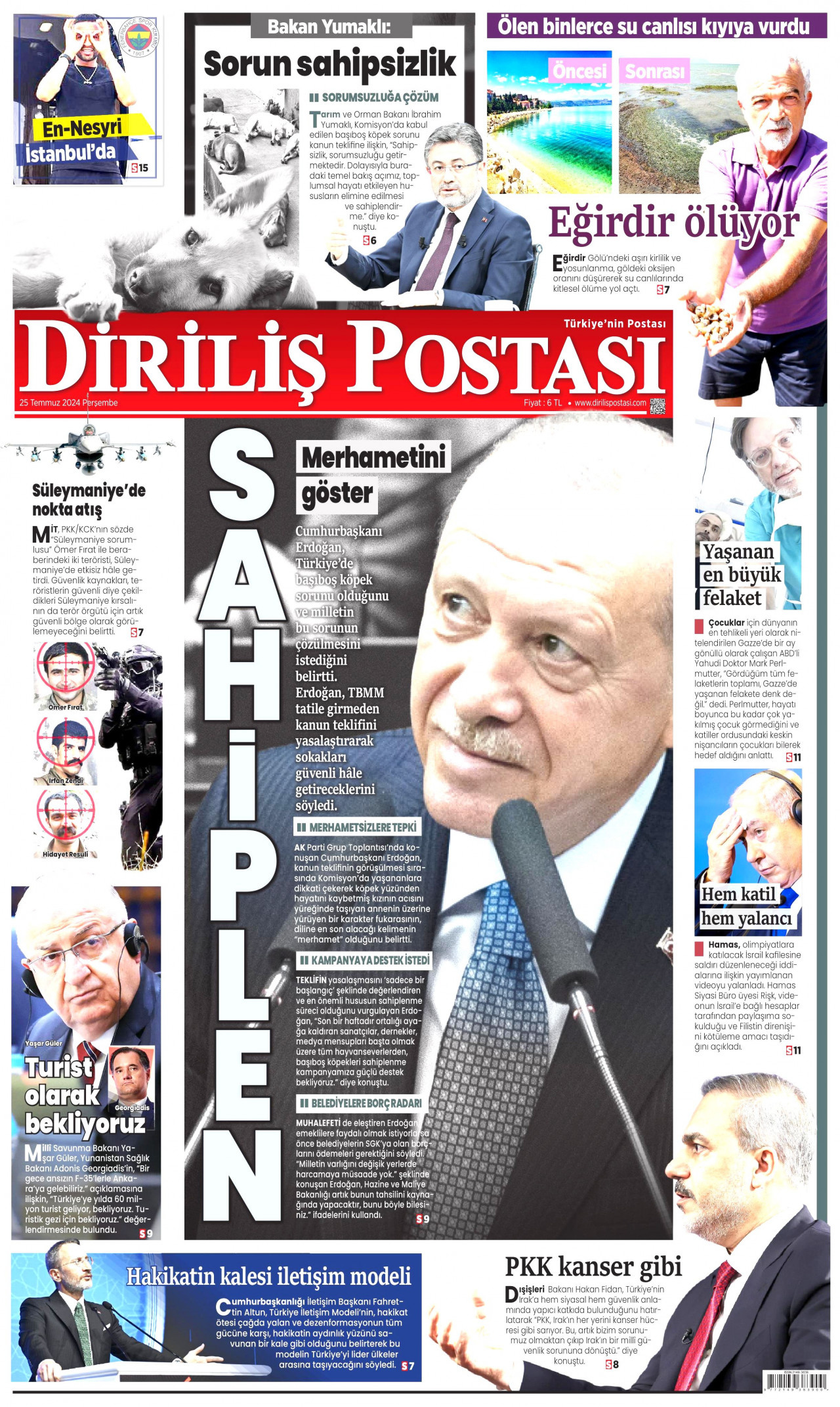 DİRİLİŞ POSTASI gazetesinin 25 Temmuz 2024 tarihli birinci sayfası
