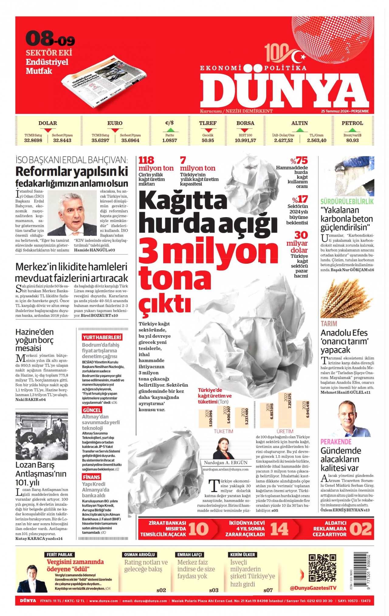 DÜNYA gazetesinin 25 Temmuz 2024 tarihli birinci sayfası