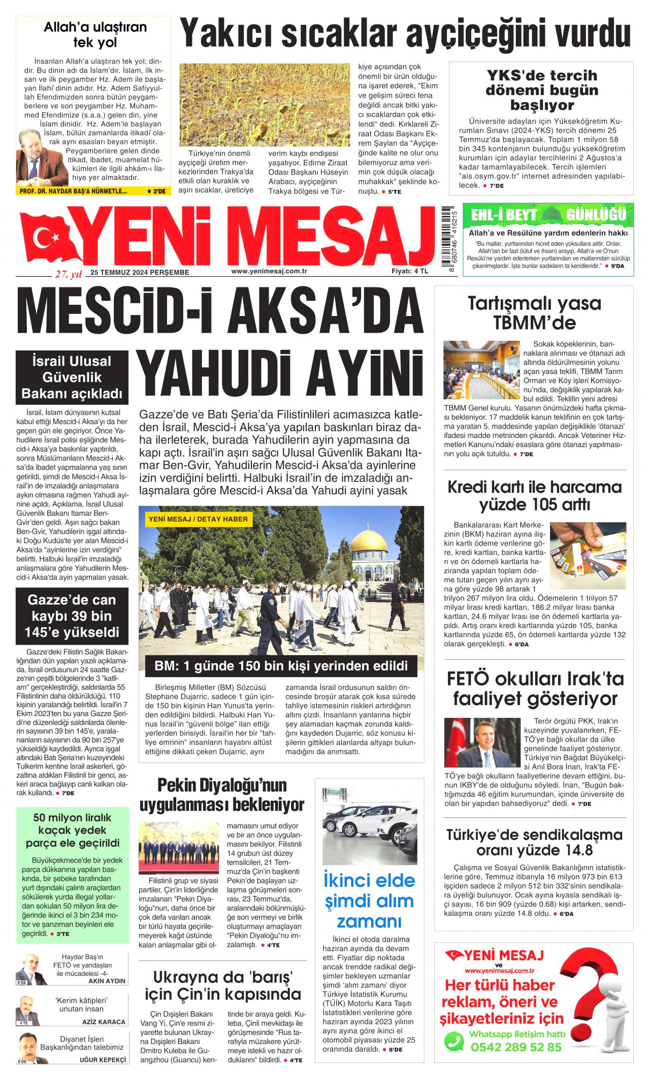 YENİ MESAJ gazetesinin 25 Temmuz 2024 tarihli birinci sayfası