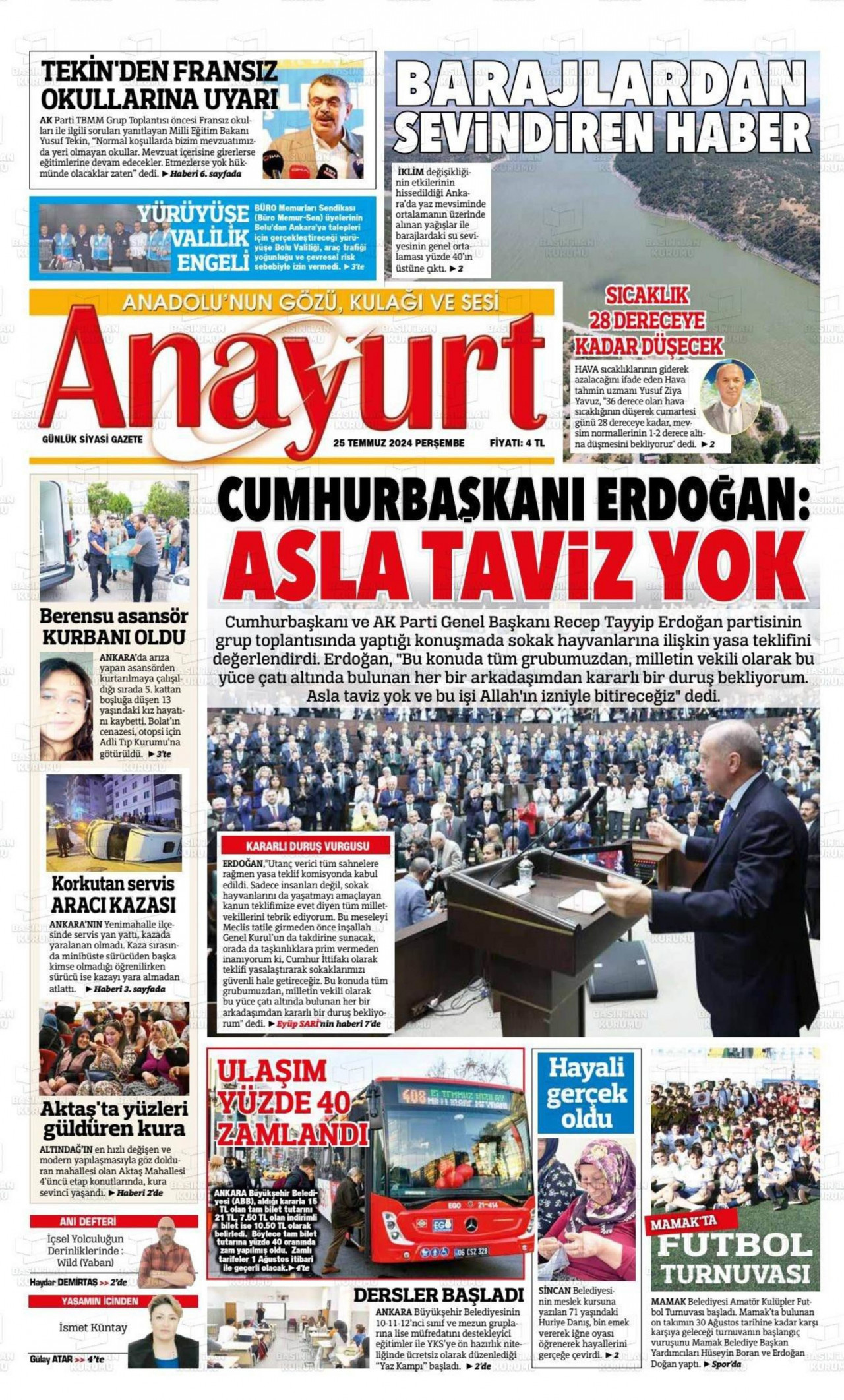 ANAYURT gazetesinin 25 Temmuz 2024 tarihli birinci sayfası
