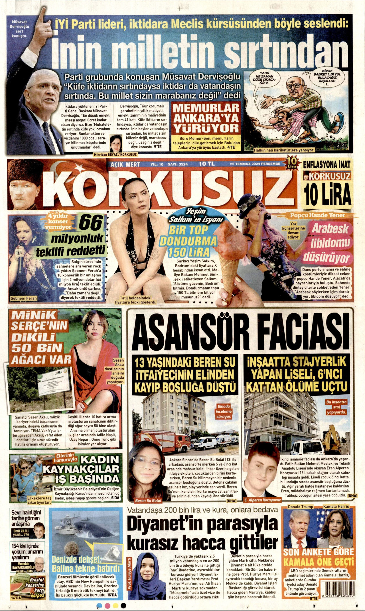 KORKUSUZ gazetesinin 25 Temmuz 2024 tarihli birinci sayfası