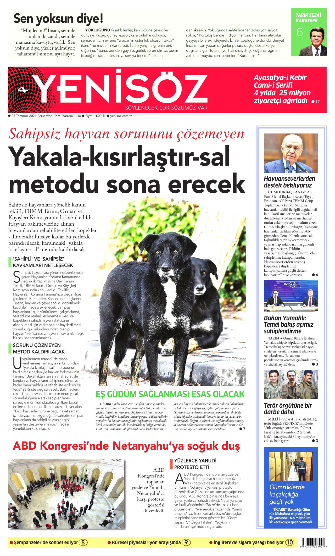 YENİ SÖZ GAZETESİ gazetesinin 25 Temmuz 2024 tarihli birinci sayfası