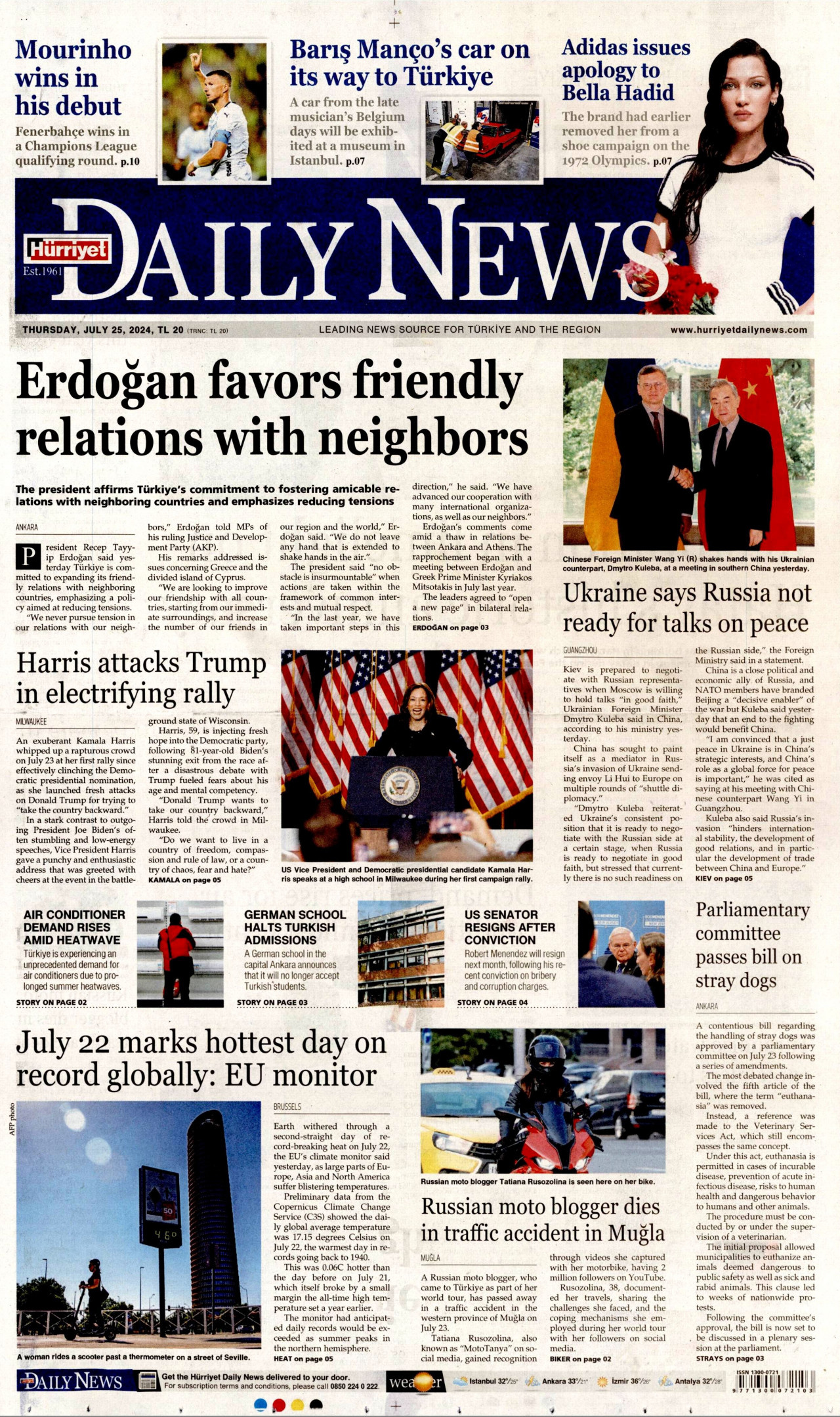 HÜRRİYET DAİLY NEWS gazetesinin 25 Temmuz 2024 tarihli birinci sayfası