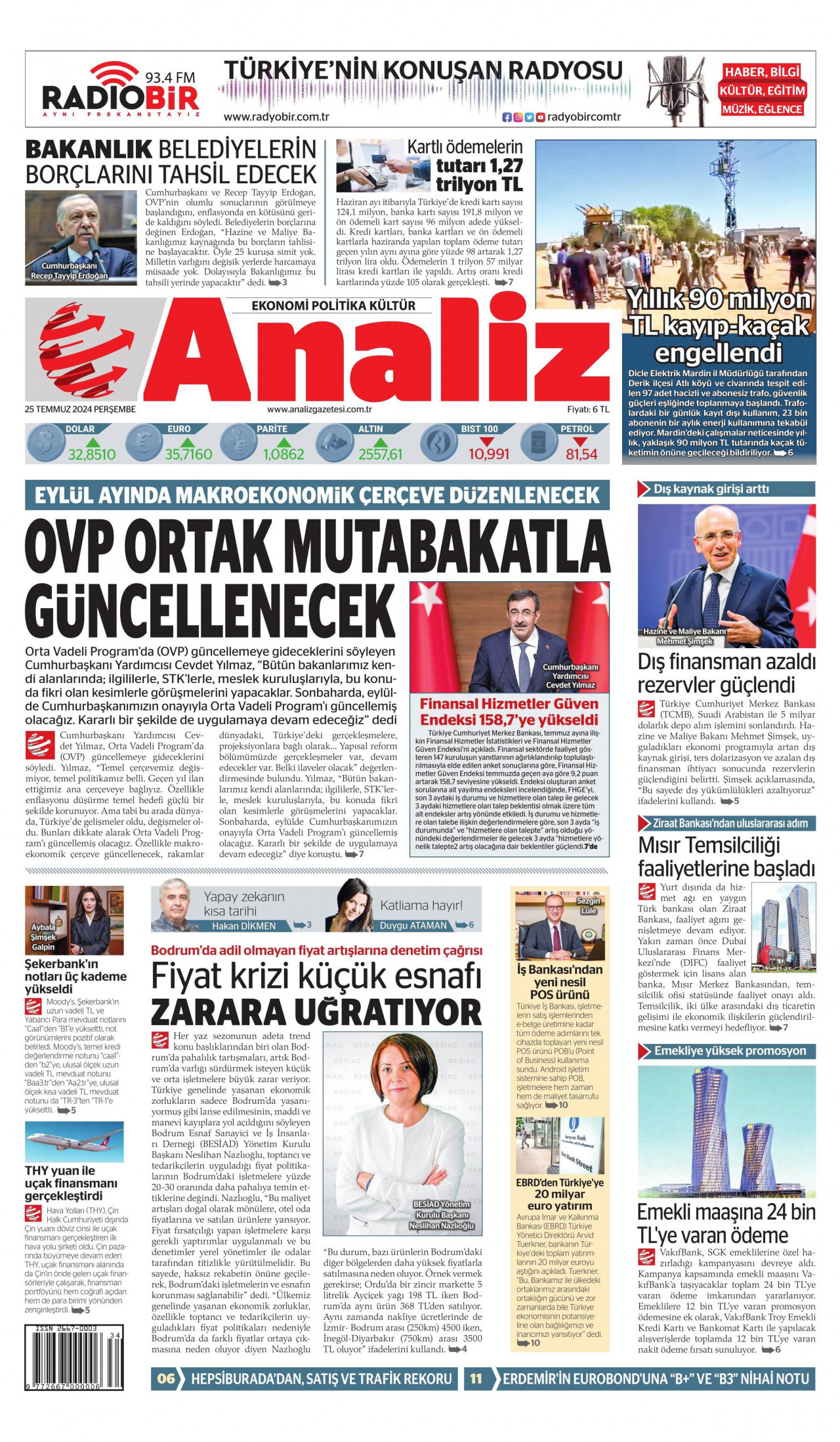 ANALİZ gazetesinin 25 Temmuz 2024 tarihli birinci sayfası
