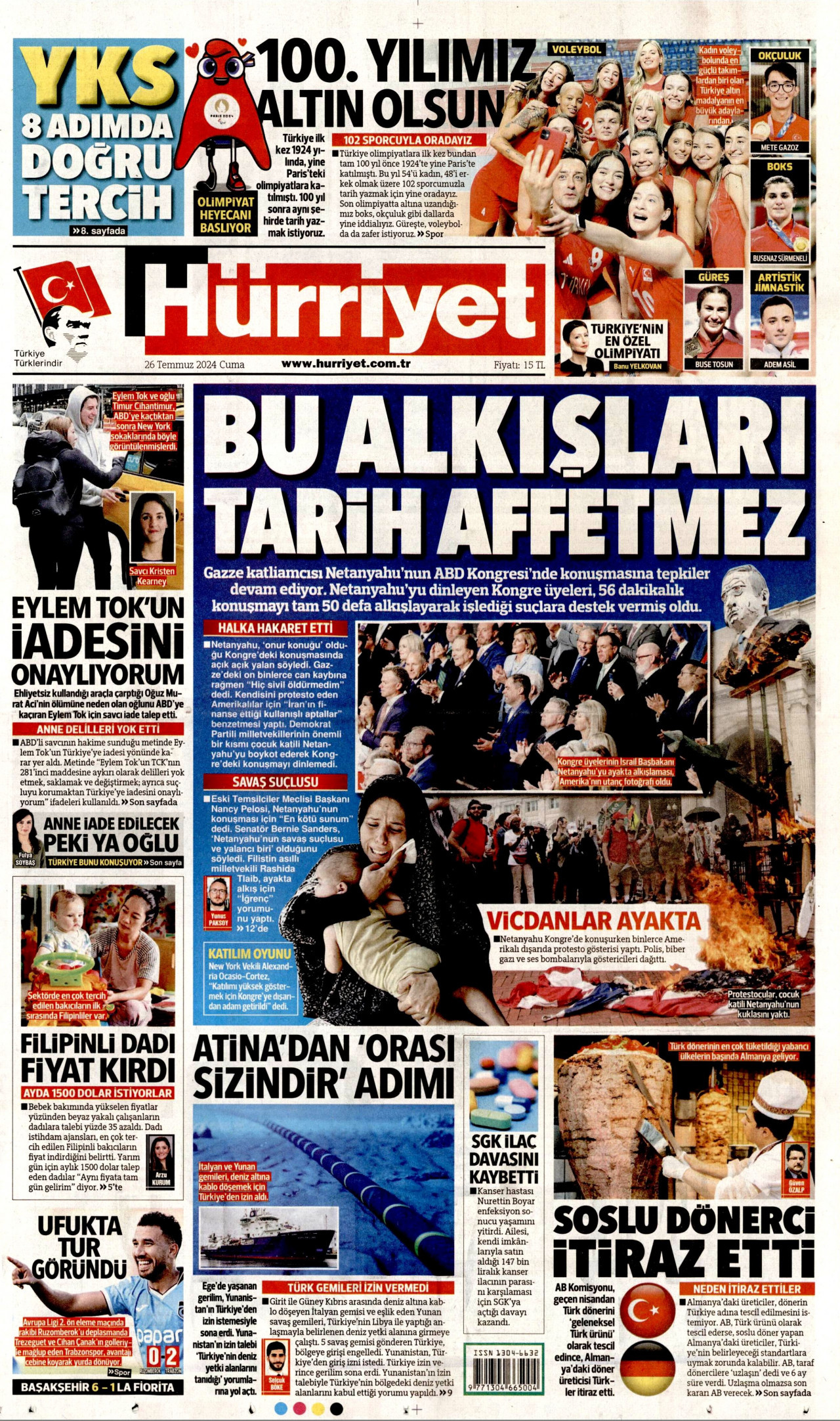 HÜRRİYET gazetesinin 26 Temmuz 2024 tarihli birinci sayfası