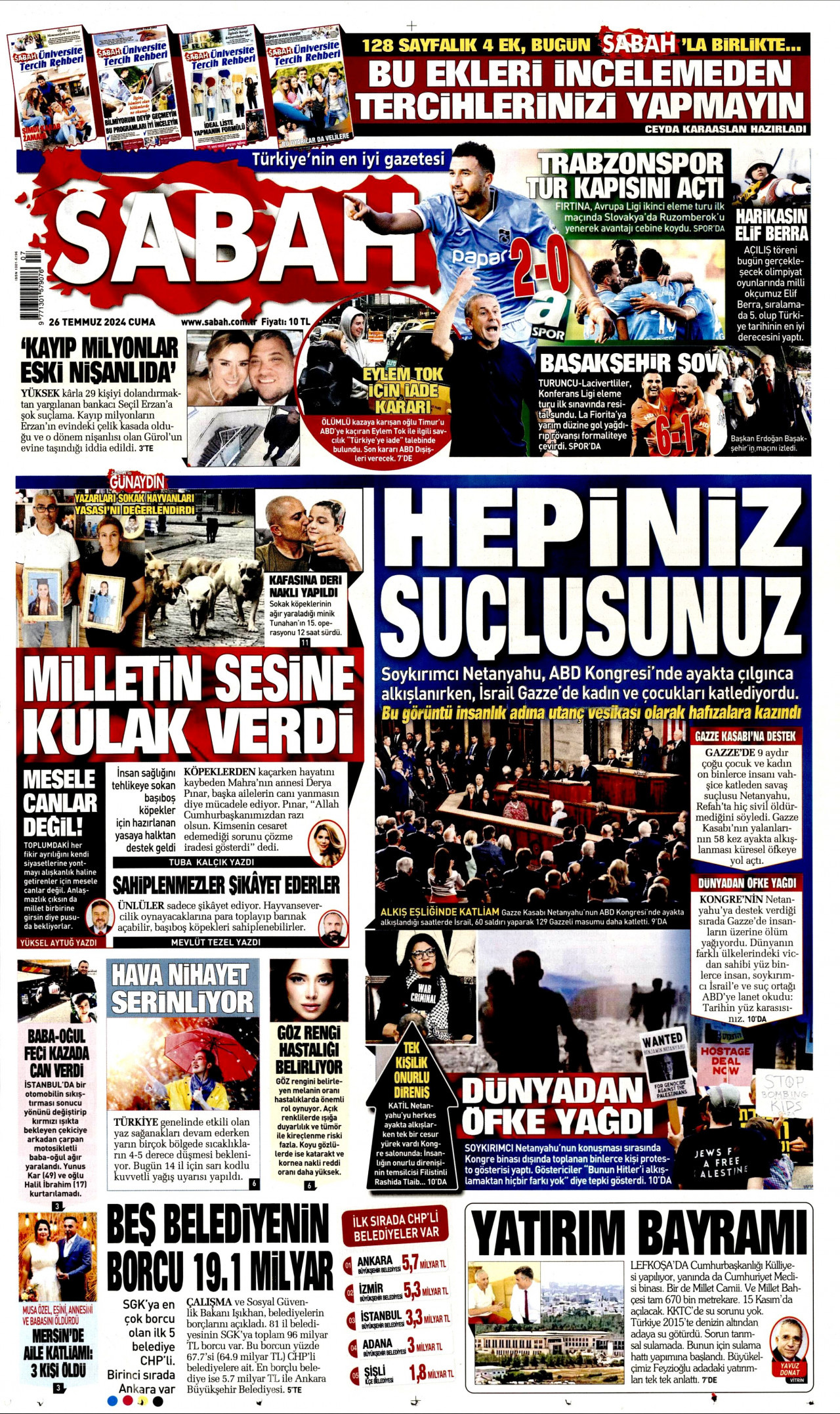 SABAH gazetesinin 26 Temmuz 2024 tarihli birinci sayfası