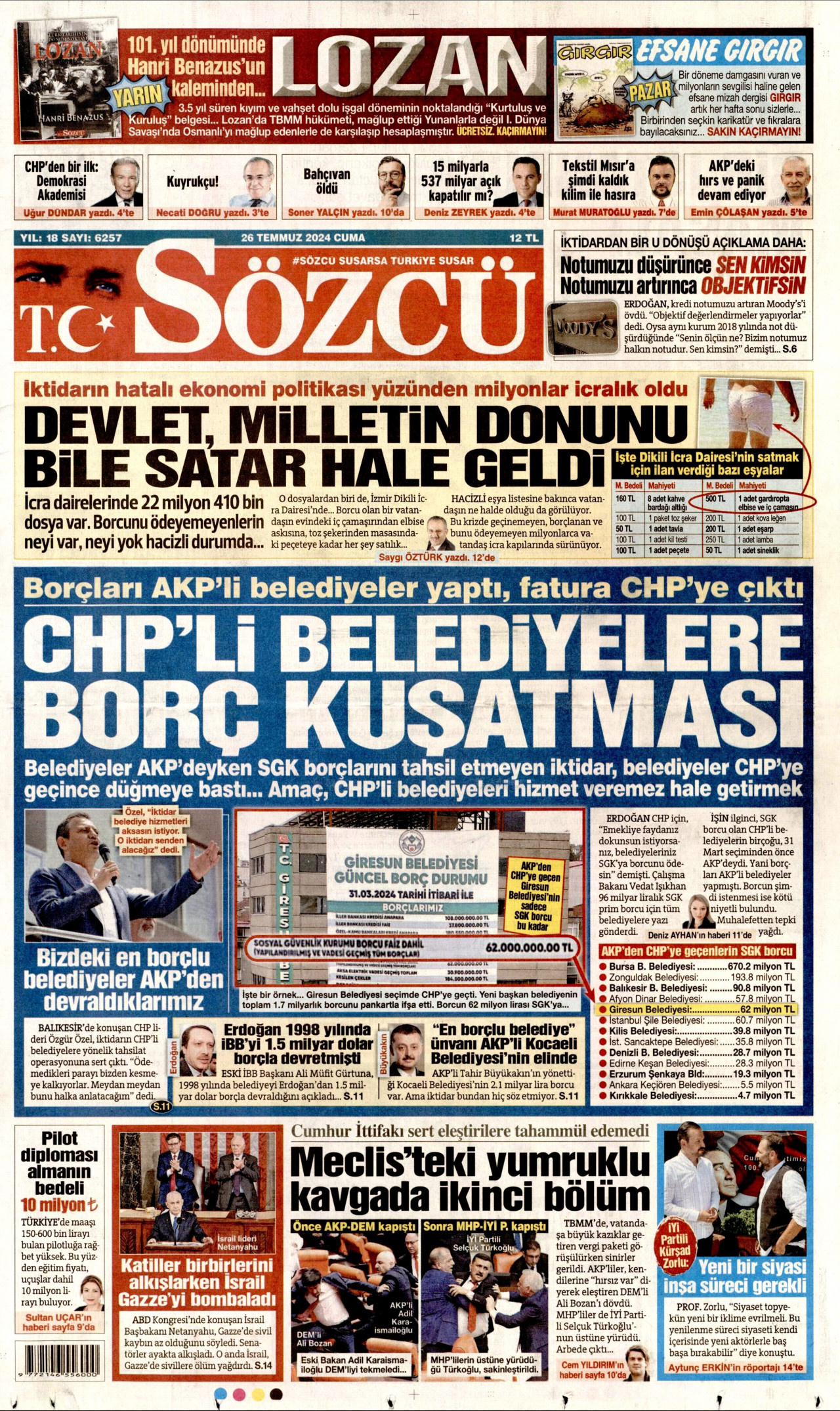 SÖZCÜ gazetesinin 26 Temmuz 2024 tarihli birinci sayfası