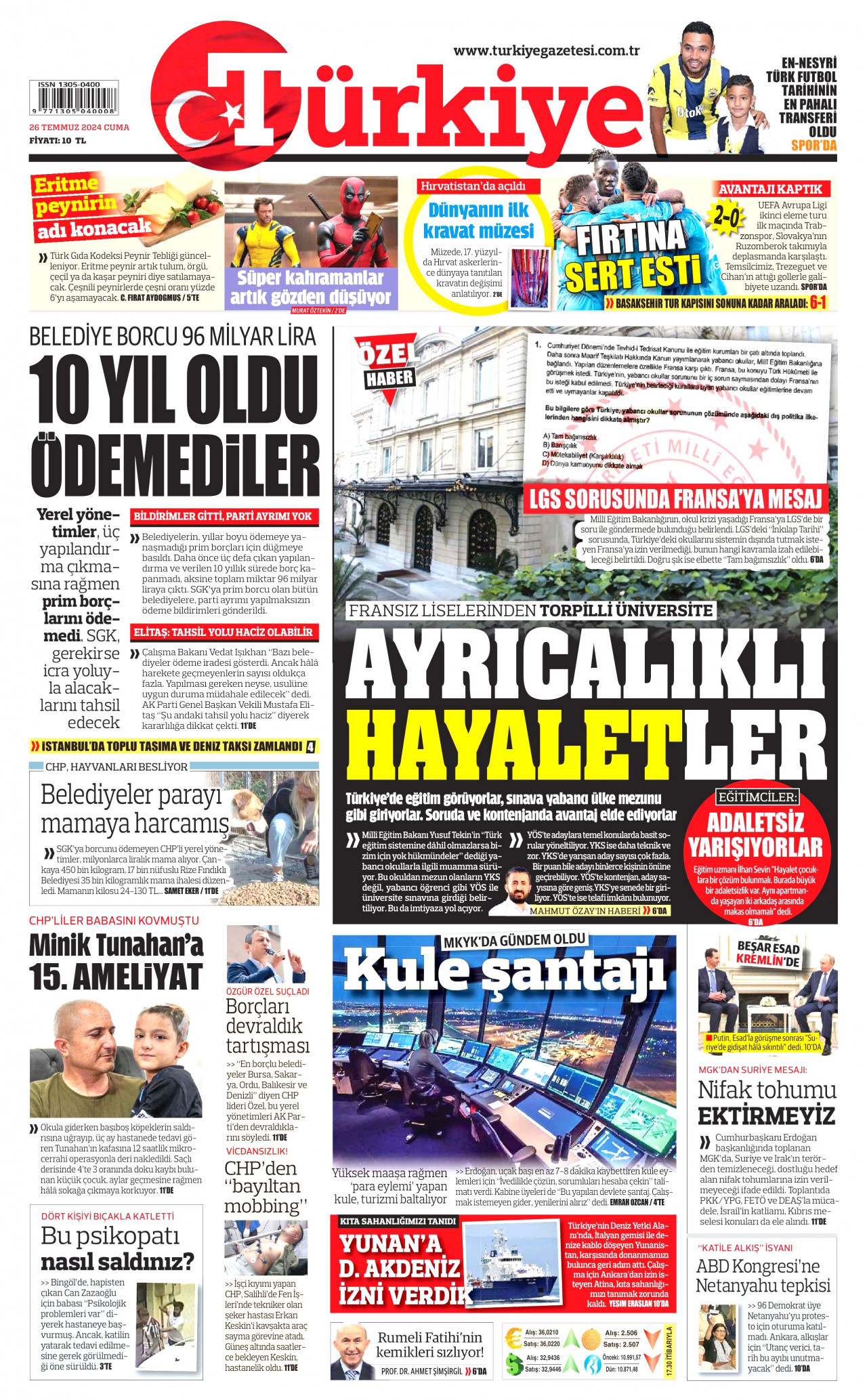 TÜRKİYE GAZETESİ gazetesinin 26 Temmuz 2024 tarihli birinci sayfası