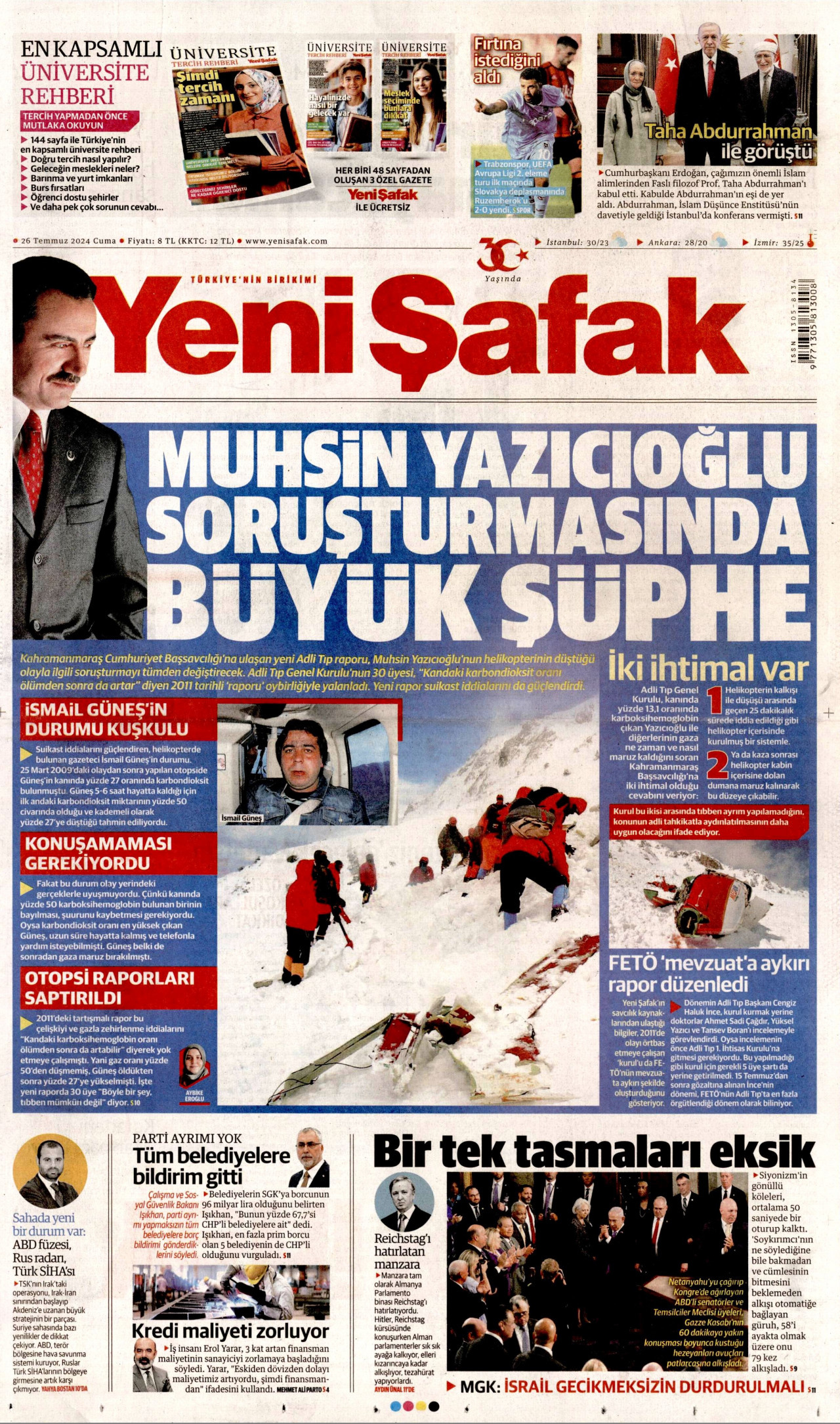 YENİ ŞAFAK gazetesinin 26 Temmuz 2024 tarihli birinci sayfası